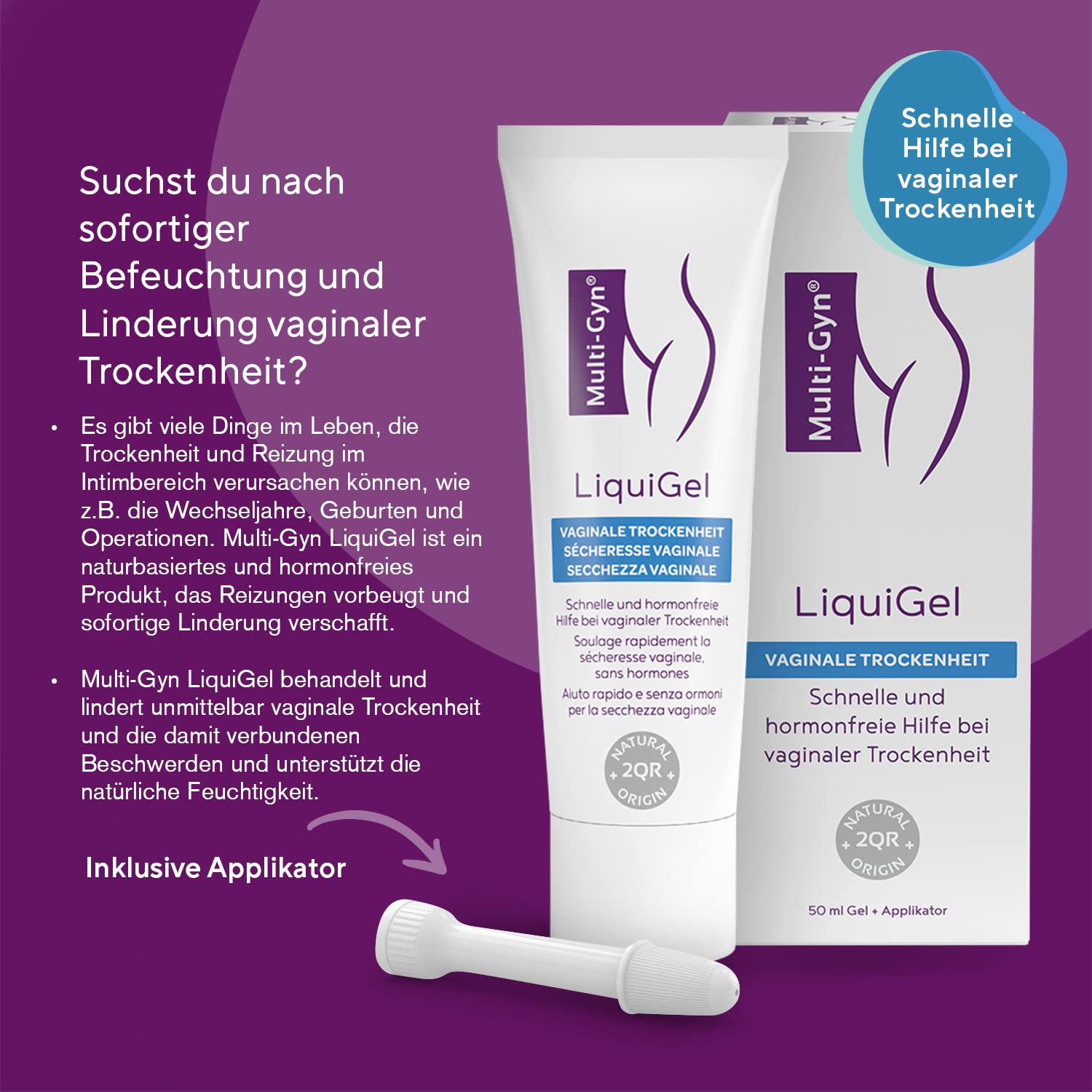 Multi-Gyn LiquiGel z aplikatorem do natychmiastowego łagodzenia suchości pochwy, bólu, swędzenia lub podrażnień – bez hormonów, z naturalnymi składnikami, 30 ml (1 opakowanie)
