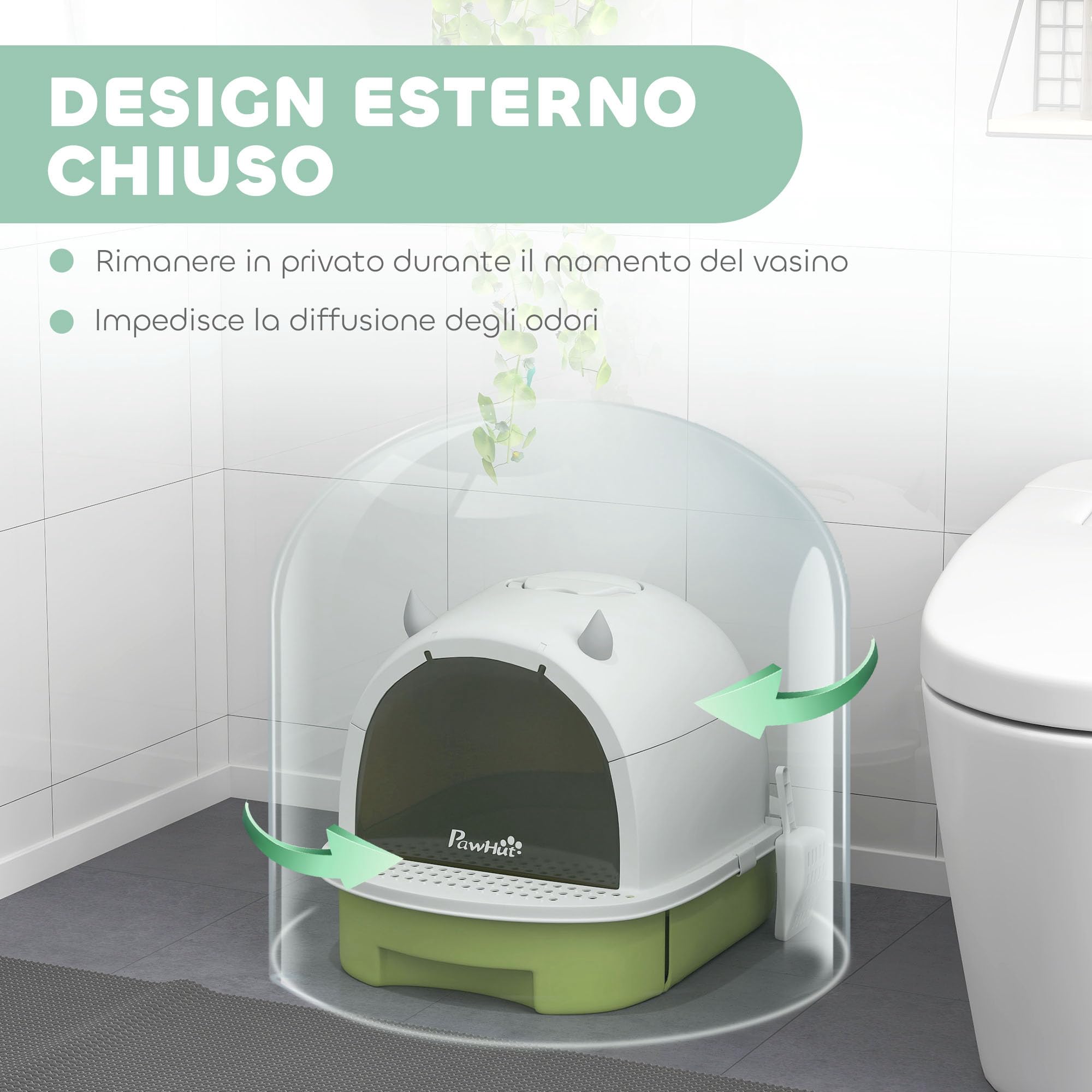 PawHut Lettiera per Gatti Chiusa con Vassoio Estraibile, Toilette per Gatti con Cassetta Igienica per Gatti con Maniglia, Paletta e Filtro ai Carboni Attivi, Verde