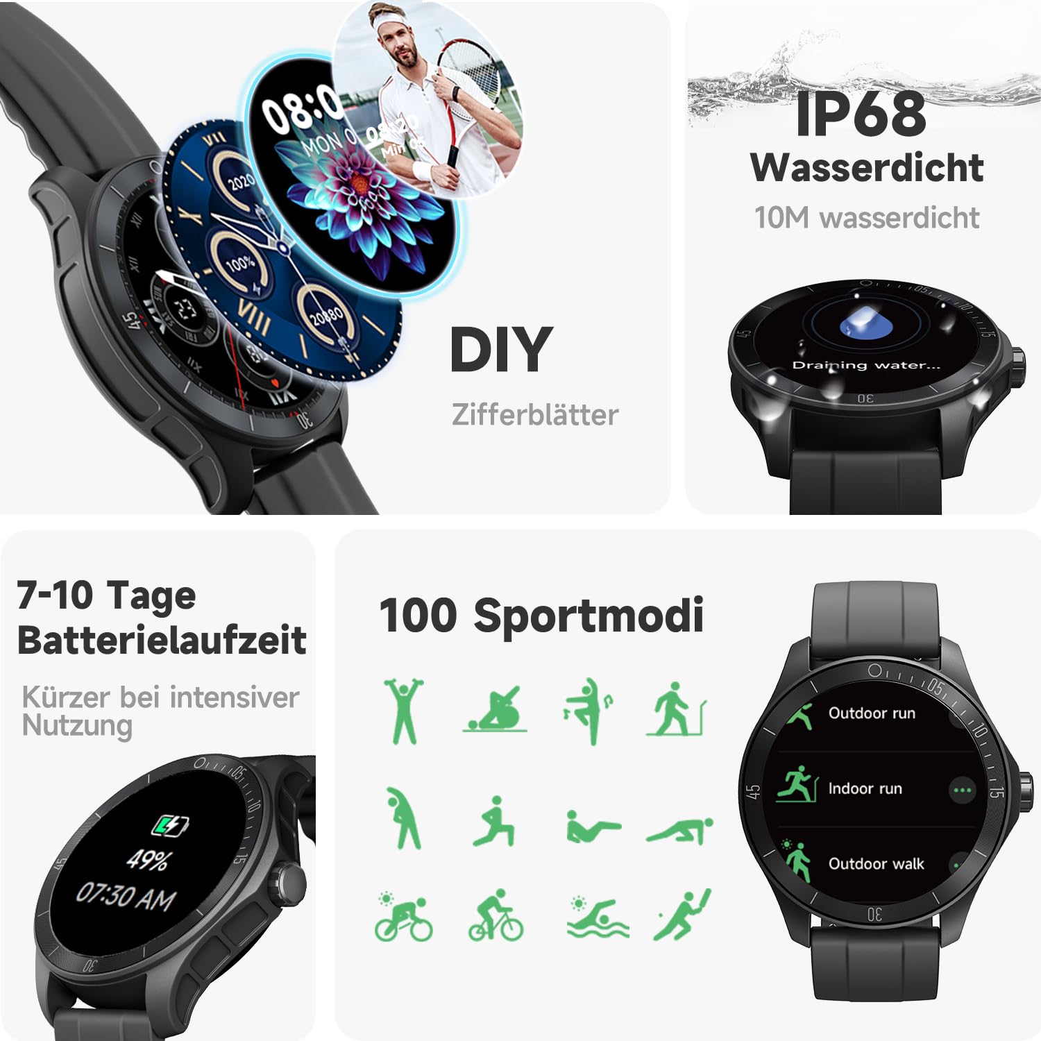 TOOBUR Smartwatch Herren Alexa Eingebaut mit Telefonfunktion, 44mm Fitnessuhr mit Herzfrequenz Schrittzähler Schlafüberwachung Pulsmesser IP68 Wasserdicht, Kompatibel Android & iOS