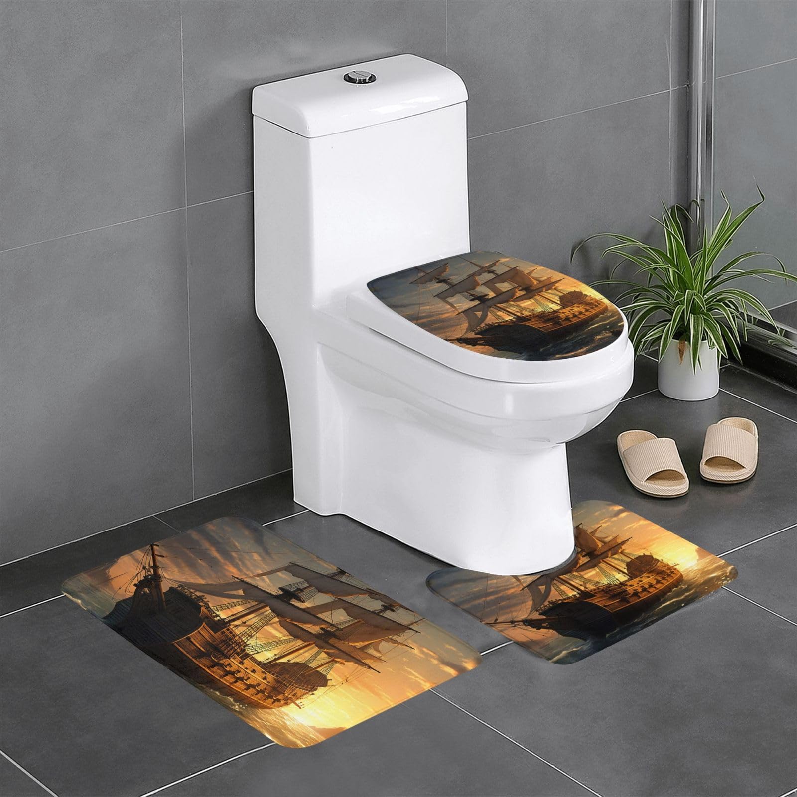 Tapis de bain pirate 3 pièces avec contour toilette et housse