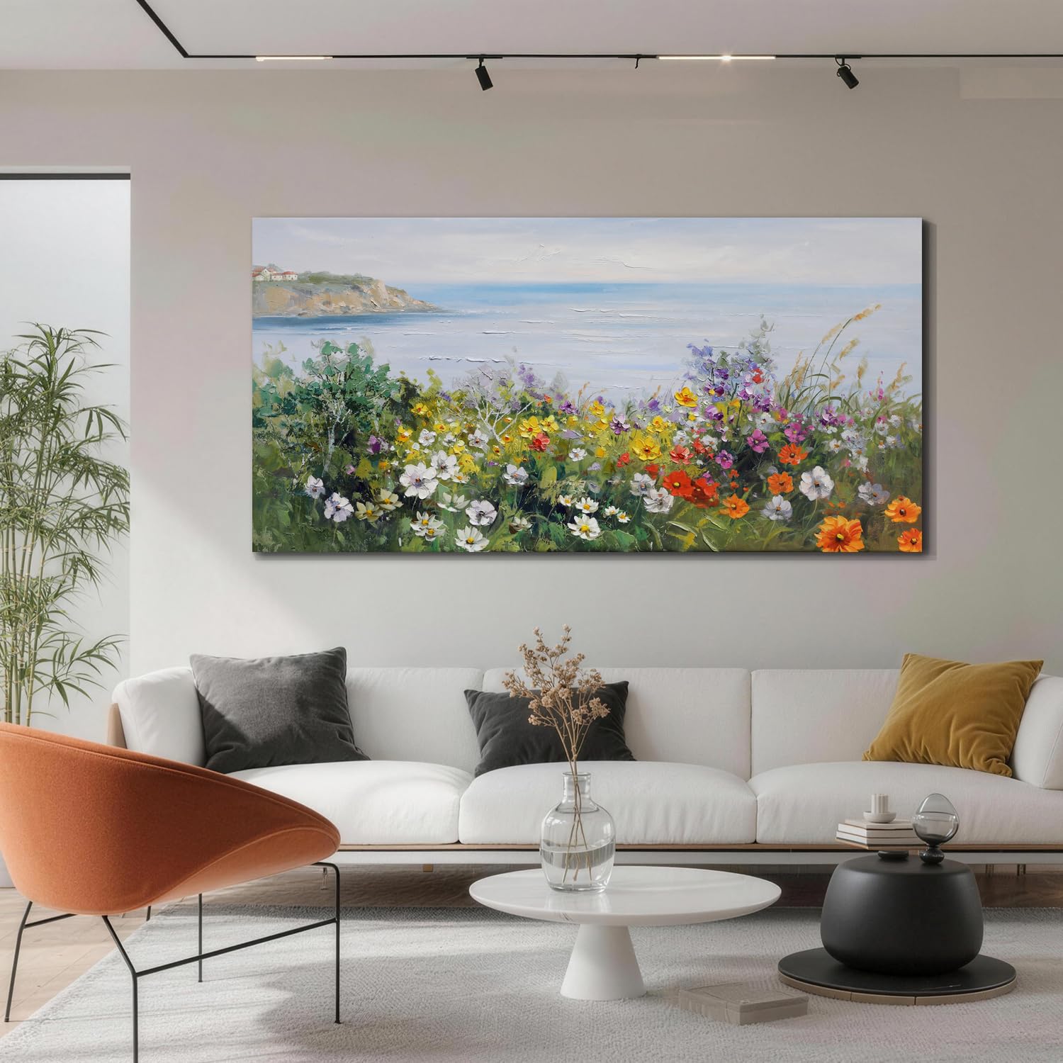 Acocifi Coastal Floral Wall Art Canvas Nature Flower Landscape Seascape Painting Colorful Wildflowers Picture, Large Textured Artwork for Living Room