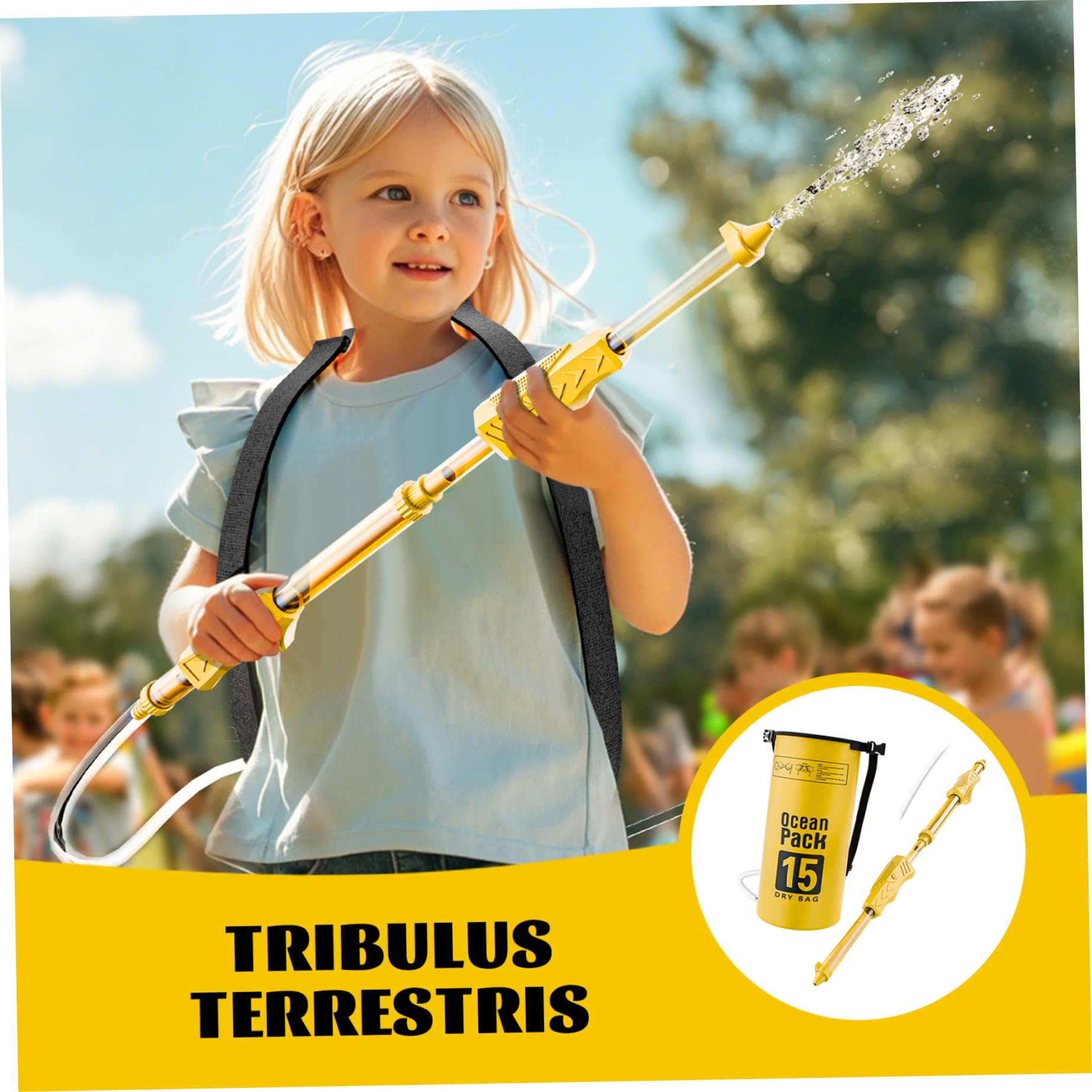 Pistolas de agua para niños Pistola de agua pulverizada de larga distancia con tanque de mochila (15 L) Juguetes de verano de PVC de color amarillo para playa, piscina, patio, al aire libre, piscina