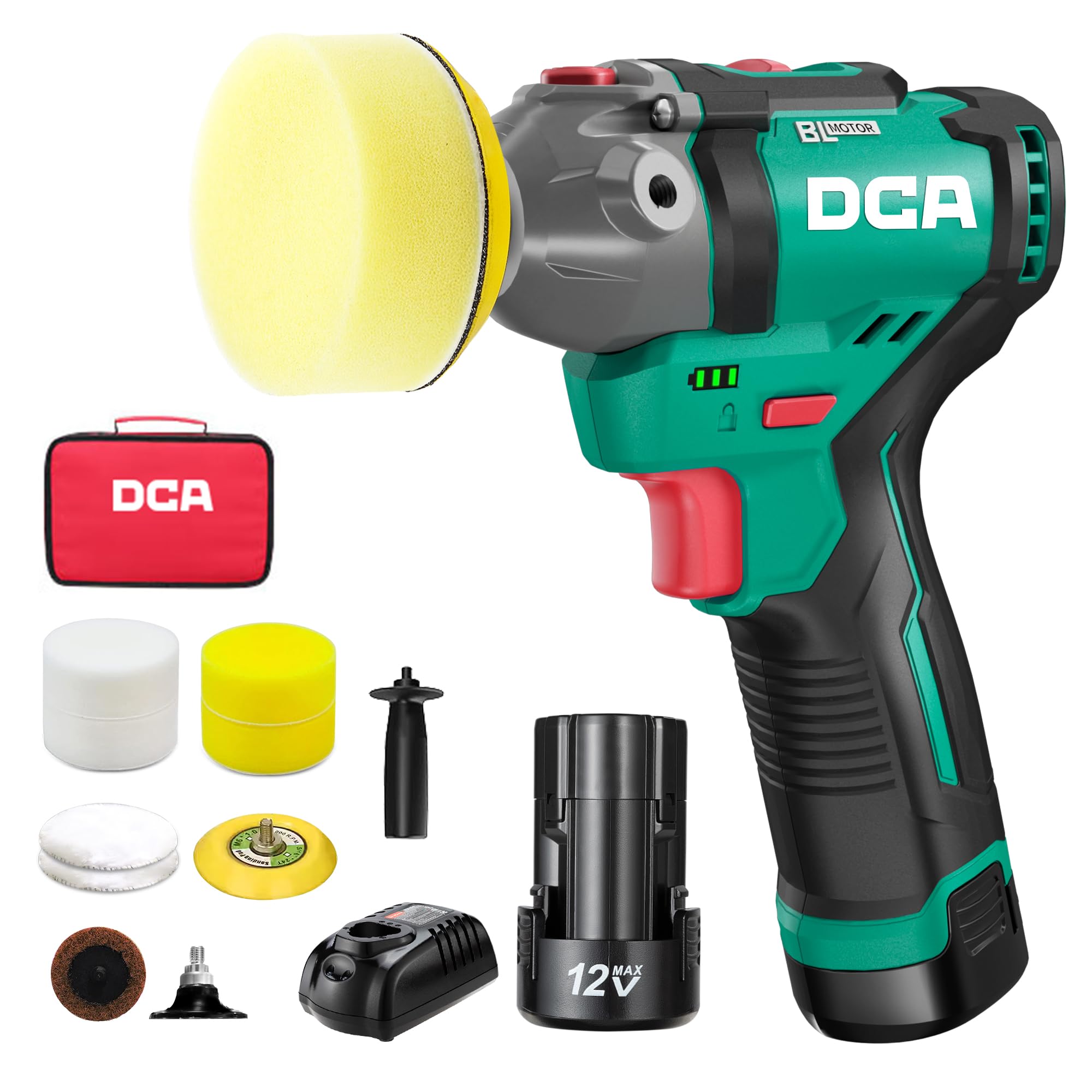 DCA Lucidatrice Auto a Batteria 12V, 75mm Mini Lucidatrice Rotativa Lucidatrice Senza Spazzole e 50mm Levigatrice, 2 Batterie da 2,0Ah, 2 Velocità 2800-8300 RPM per Lucidare, Cera e Pulire