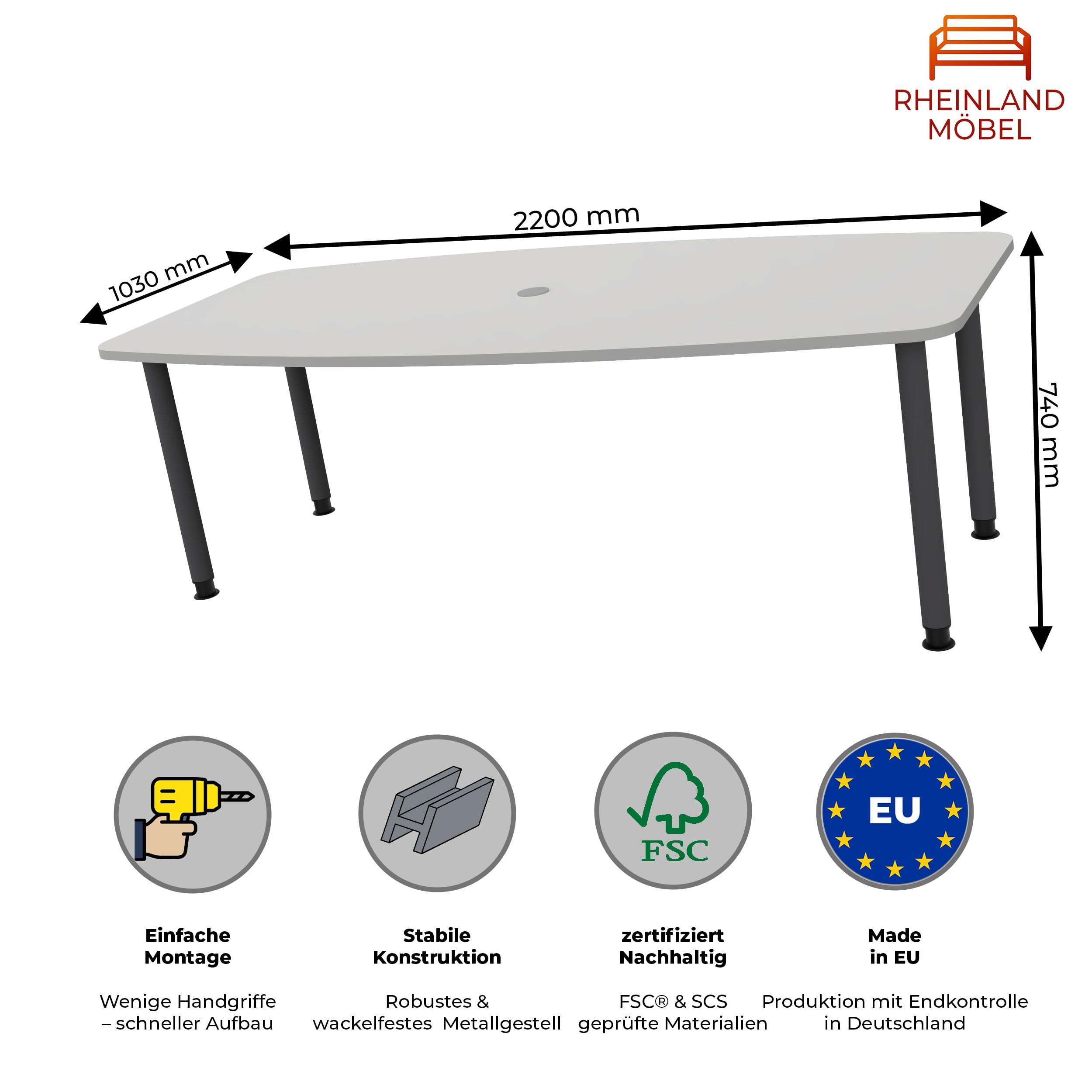 Konferenztisch KONTI 220x103 cm – ovaler Besprechungstisch in Grau mit graphitfarbenen Rundrohrfüßen & Kabelauslass, Meetingtisch für 6–8 Personen, moderner XXL-Tisch fürs Büro & Besprechungsraum