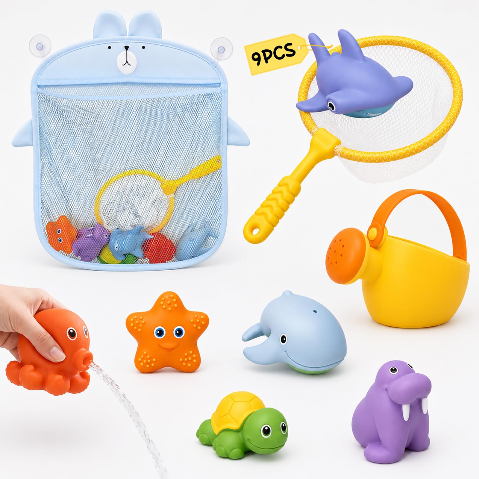 Baby Bath Toys for 1 2 3 4 Year Olds Toddler Kids with Net & Water Can 9PCS