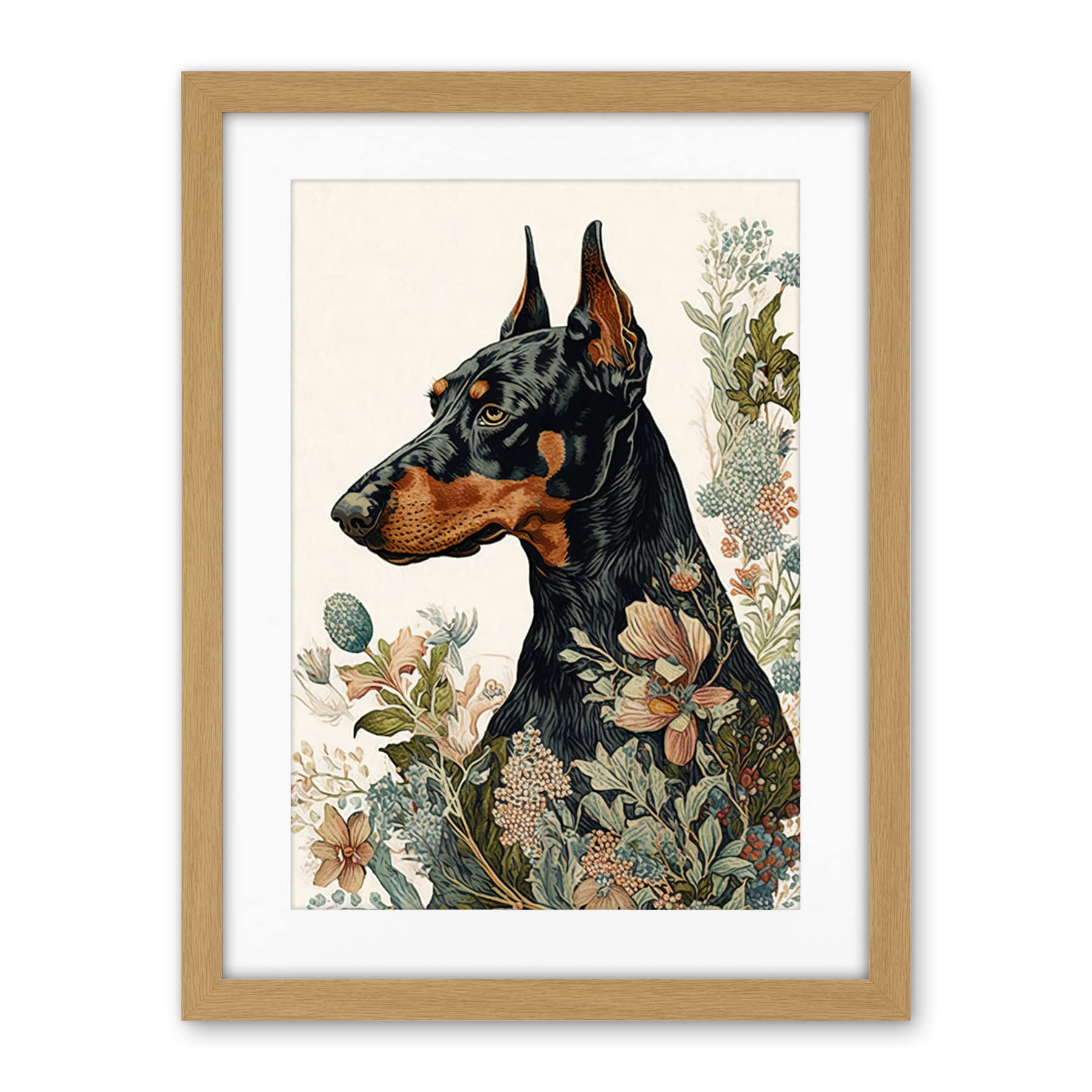 Artery8 Doberman Dog with Wild Flowers Boho Watercolour Illustration Artwork Framed Wall Art Print 18X24 Inch