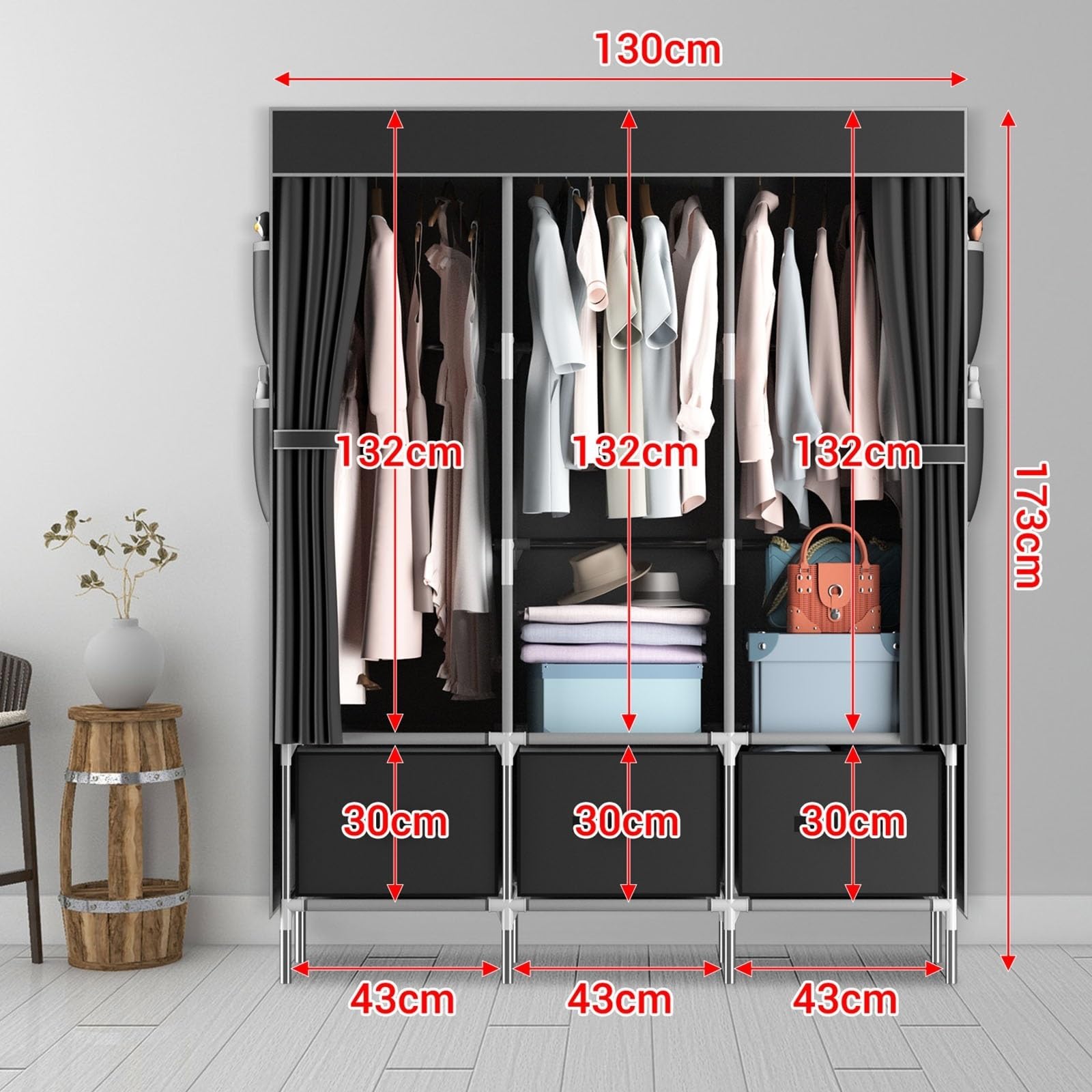Armadio In Tessuto Guardaroba in tela, portatile, pop-up, in tessuto versatile con 3 aree di stoccaggio e aste appendiabiti, 8 borse laterali(Grey)