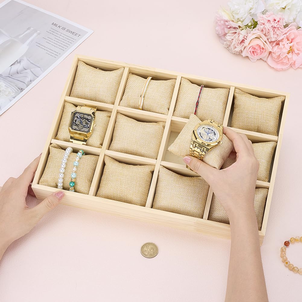 PH PandaHall 12 Emplacements Plateau de Rangement pour Montres en Bois avec Coussins en Lin Amovibles Plateau de Rangement de Bracelets pour Vitrine D'Affichage de Montres à Tiroir