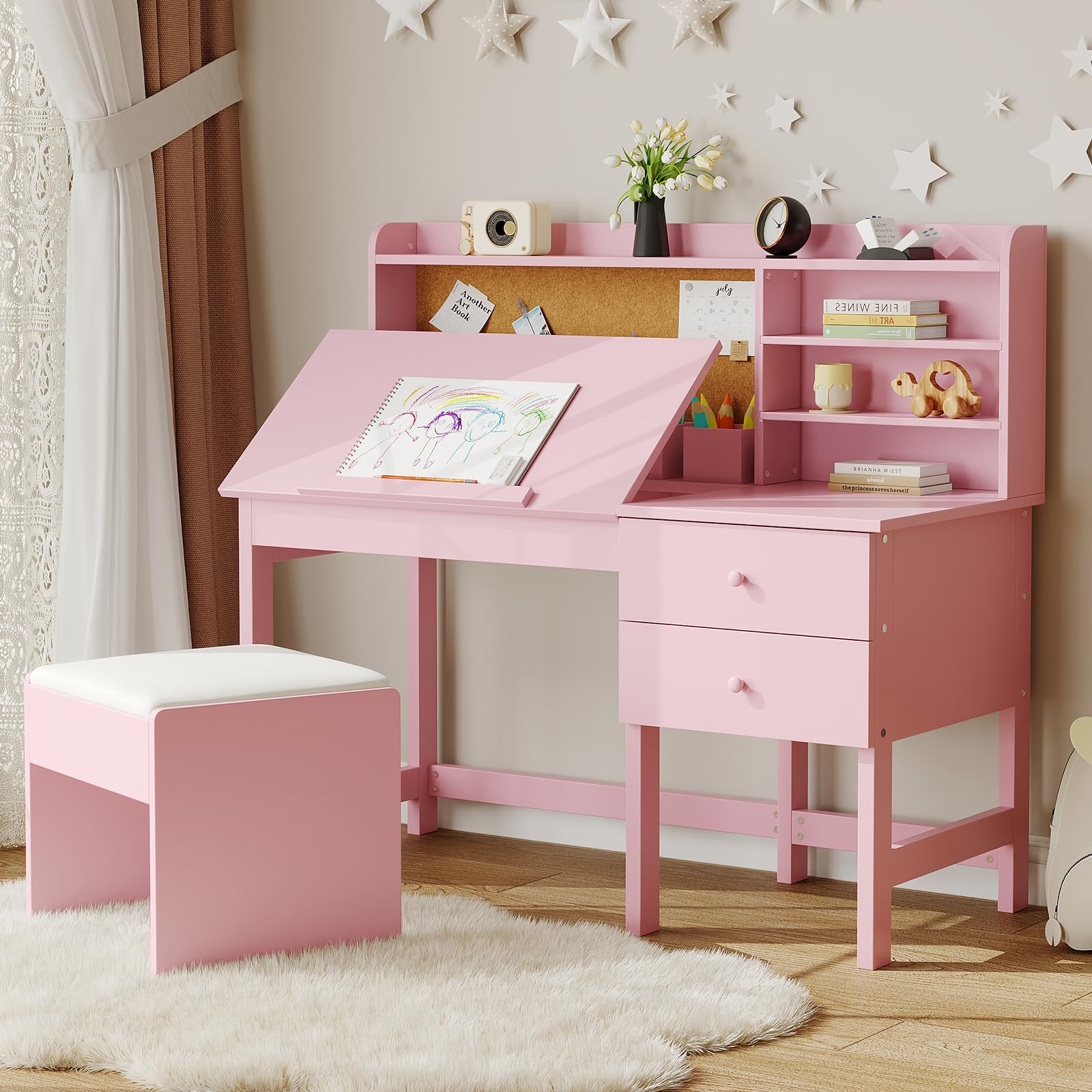 Garvee Kinderschreibtisch mit Hocker Set, Neigungsverstellbare Tischplatte 0-40°, Schreibtisch Kinder mit Pinnwand & 2 Schubladen, Rosa Lerntisch Mädchen für Schreiben Malen Lesen, MDF