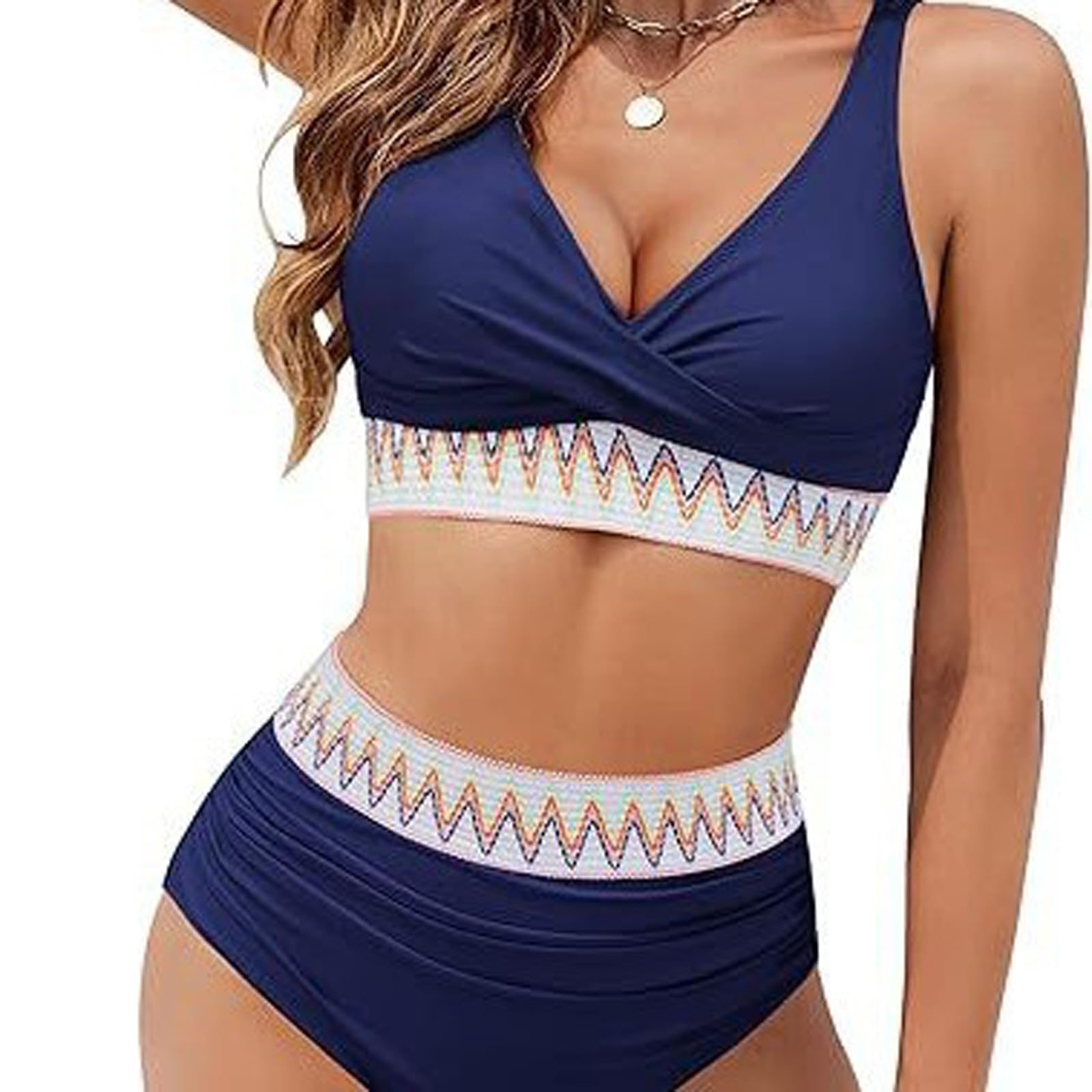 Womens Two Piece Swimwear High Waisted Bikini Sets Tummy Control Swimsuits Full Coverage Color Block Bathing Suit