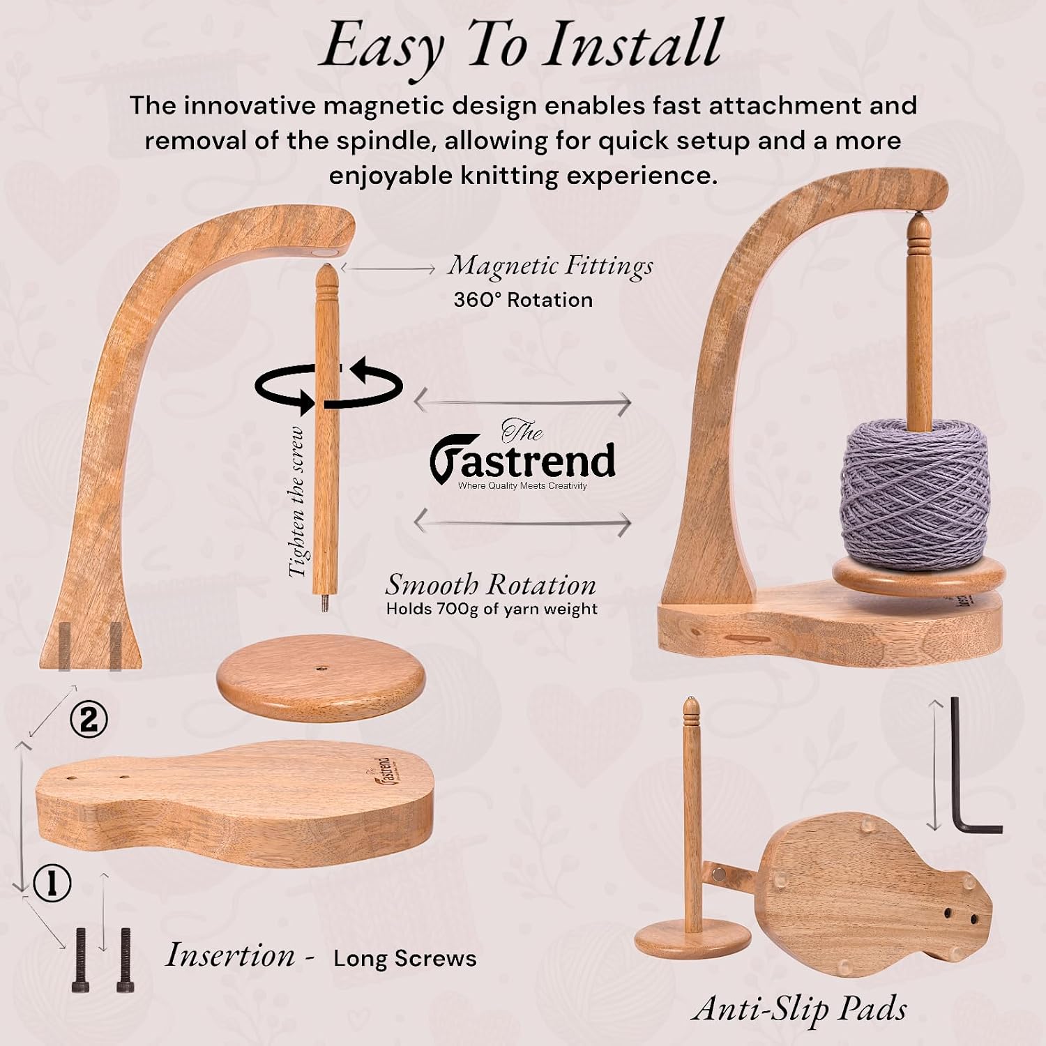 THE FASTREND Yarn Holder Stand, Mango Wood, Magnetic Spindle, Natural Wood, for Knitting and Crocheting, 11.25" Tall