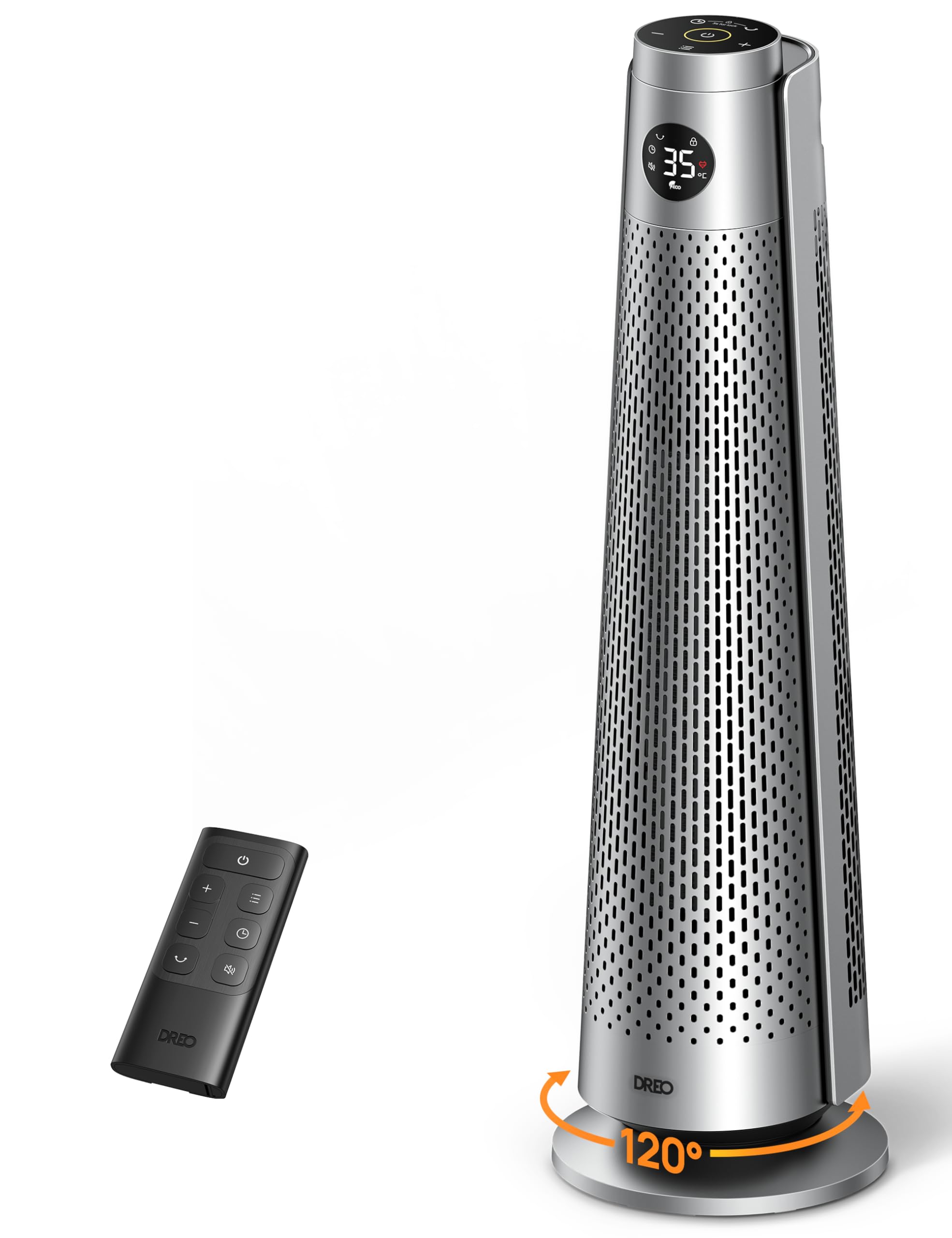 Dreo Silver 25Db Silent Space Heater, 30" Electric Heaters With Remote, 120° Oscillation, 5 Heat & 3 Fan Levels, 8 Safety Protections, 1-12H Timer, Adjustable Thermostat, Large Room Bedroom,