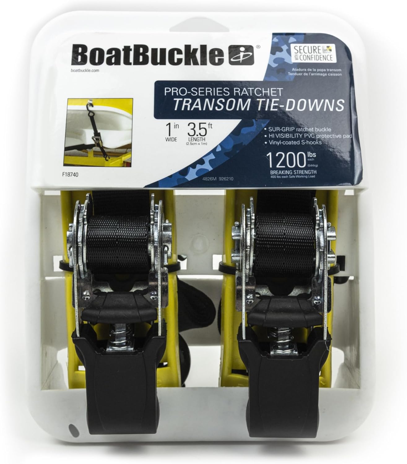 BoatBuckle Pro Series Ratchet Transom Tie-Downs, 2-Pack, 1-Inch x 3.5-Feet