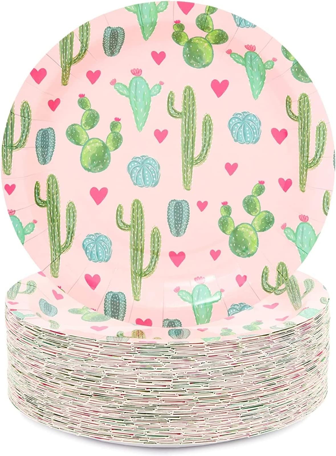 Sparkle and Bash Cactus Paper Plates - Fiesta Party Disposable Plates - Pretty Pink Cactus Baby & Bridal Shower Decor - Party Pack for Nachos & Dessert Goods - 9-Inch, Pack of 80, Pink