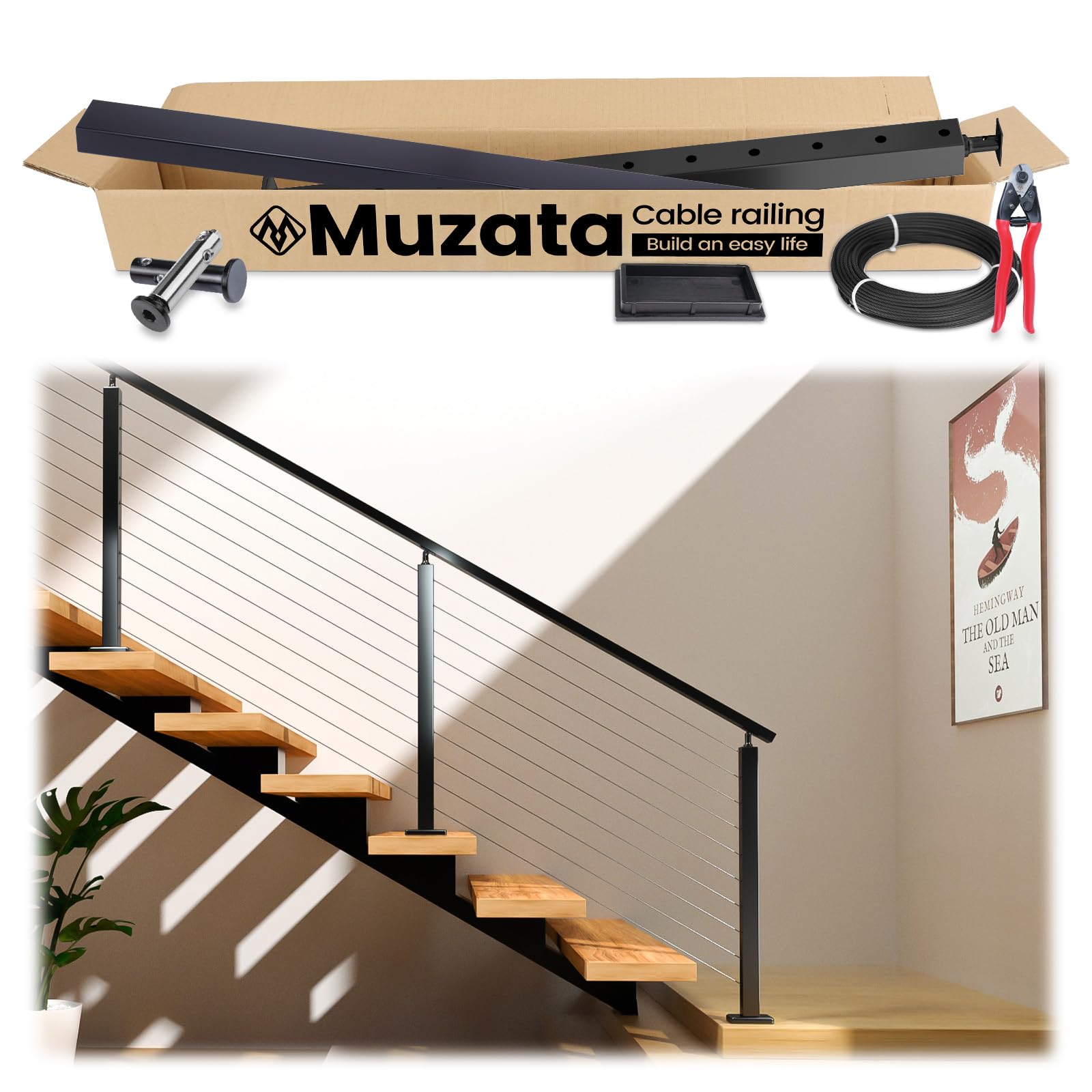 Muzata 3'-6'6" Black Complete Cable Railing Kit for Stairs 42 Inch Cable Railing System with Post Handrail Length Adjustable Easy DIY with User Guide
