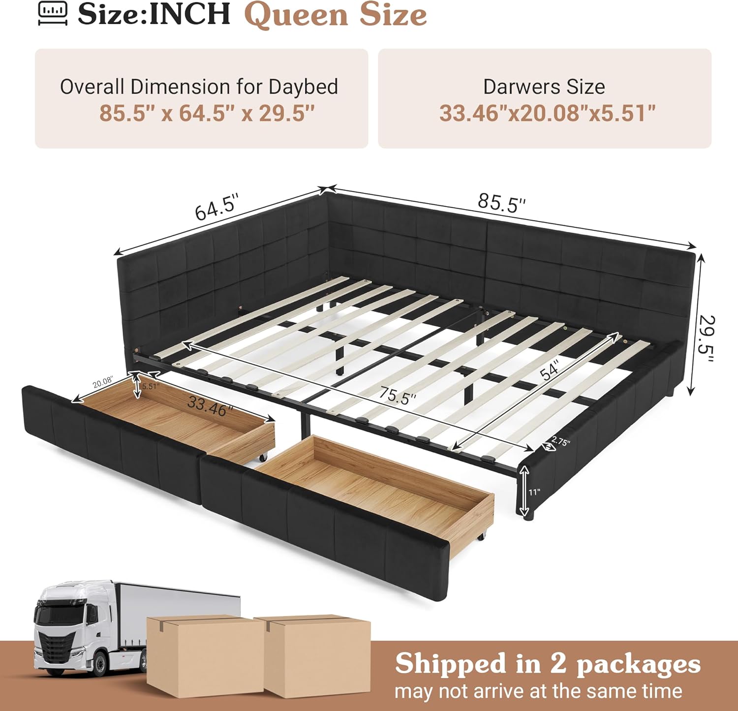 Queen Corner Bed Frame with Storage Drawers, Modern Velvet Upholstered Sofa Day Bed Frame with Wood Slats for Living Room Bedroom Guest Room, No Box Spring Needed, Black