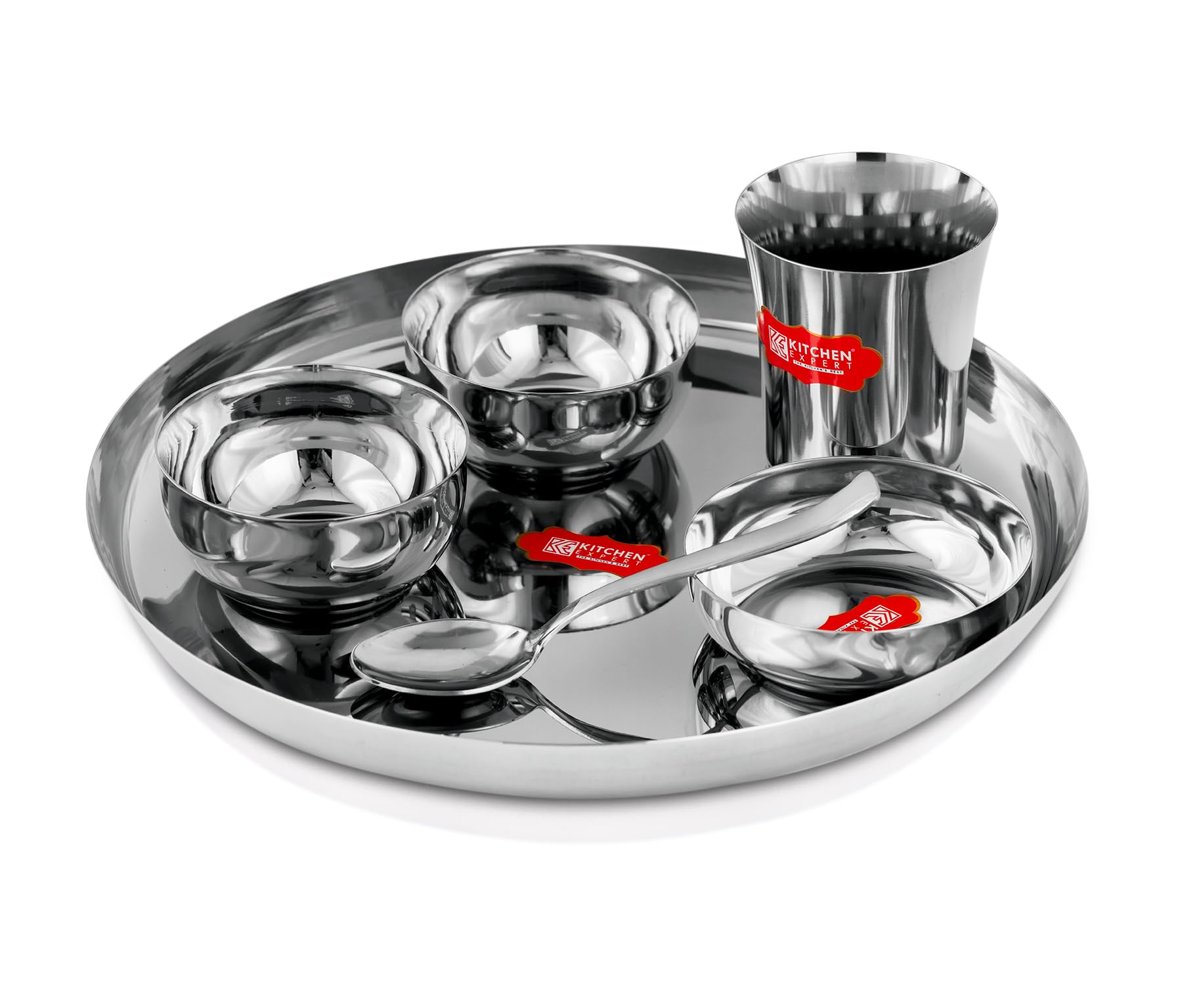 Kitchen Expert - Stainless Steel Premium Dinner Set | Heavy Steel Plate | Dinner Set Combo | Round Thali | Mirror Polish | Set of 6 PC (1 Thali, 2 Bowls, 1 Mini Sweet Dish Plate, 1 Glass and 1 Spoon)