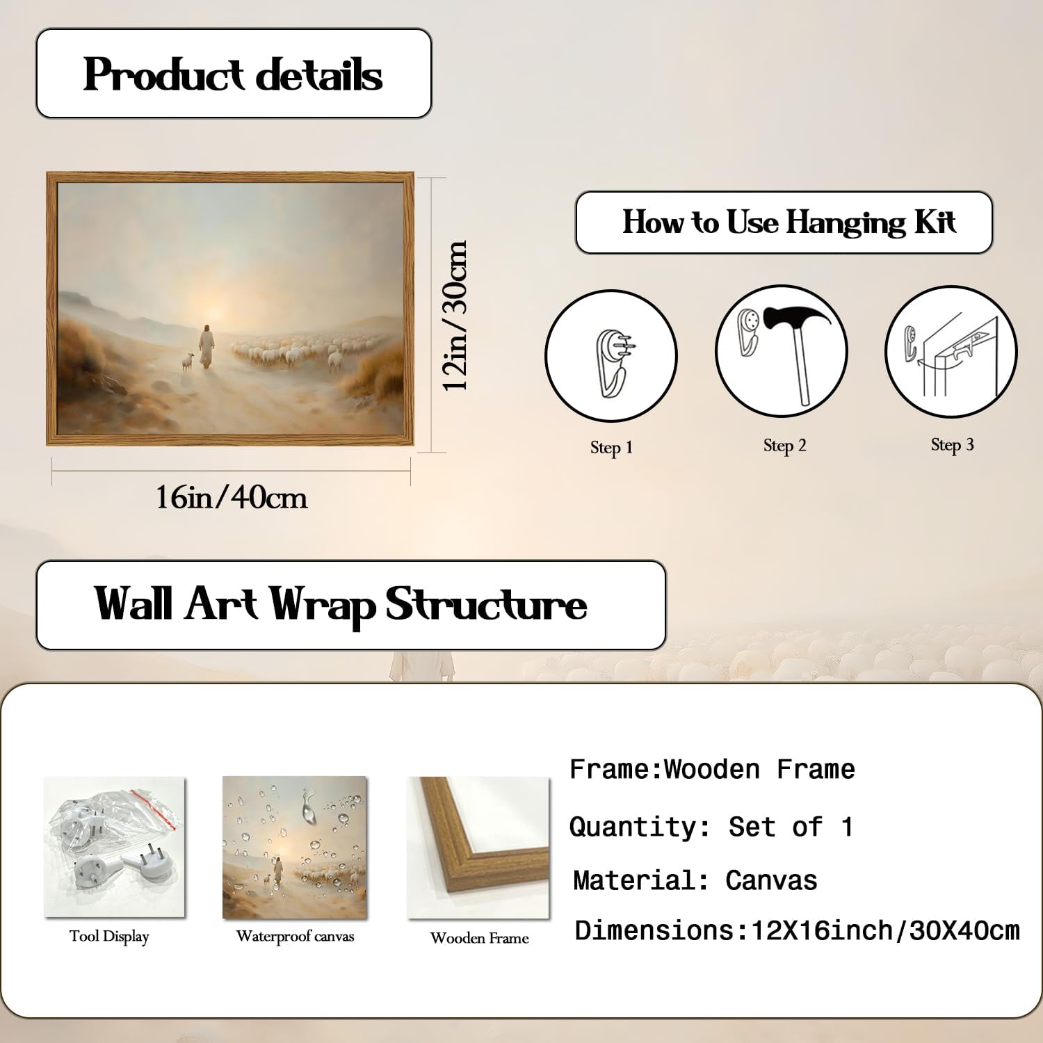 Framed Jesus Leaves the 99 Sheep Wall Art, Christian Wall Decor Paintings, Jesus and The Lost Lamb Pictures Canvas Prints Religious Home Decor for Living Room Bedroom Church Prayer 12x16 inch