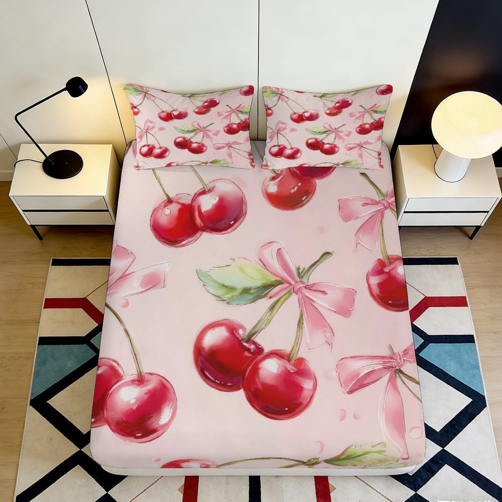 Jqzkxnhpbr Style-4 3D Printed Cherry Blossom Fitted Sheet Microfiber Pink Fruit Pattern Mattress Cover For Bedroom Guest Room Decor 90X200x25cm