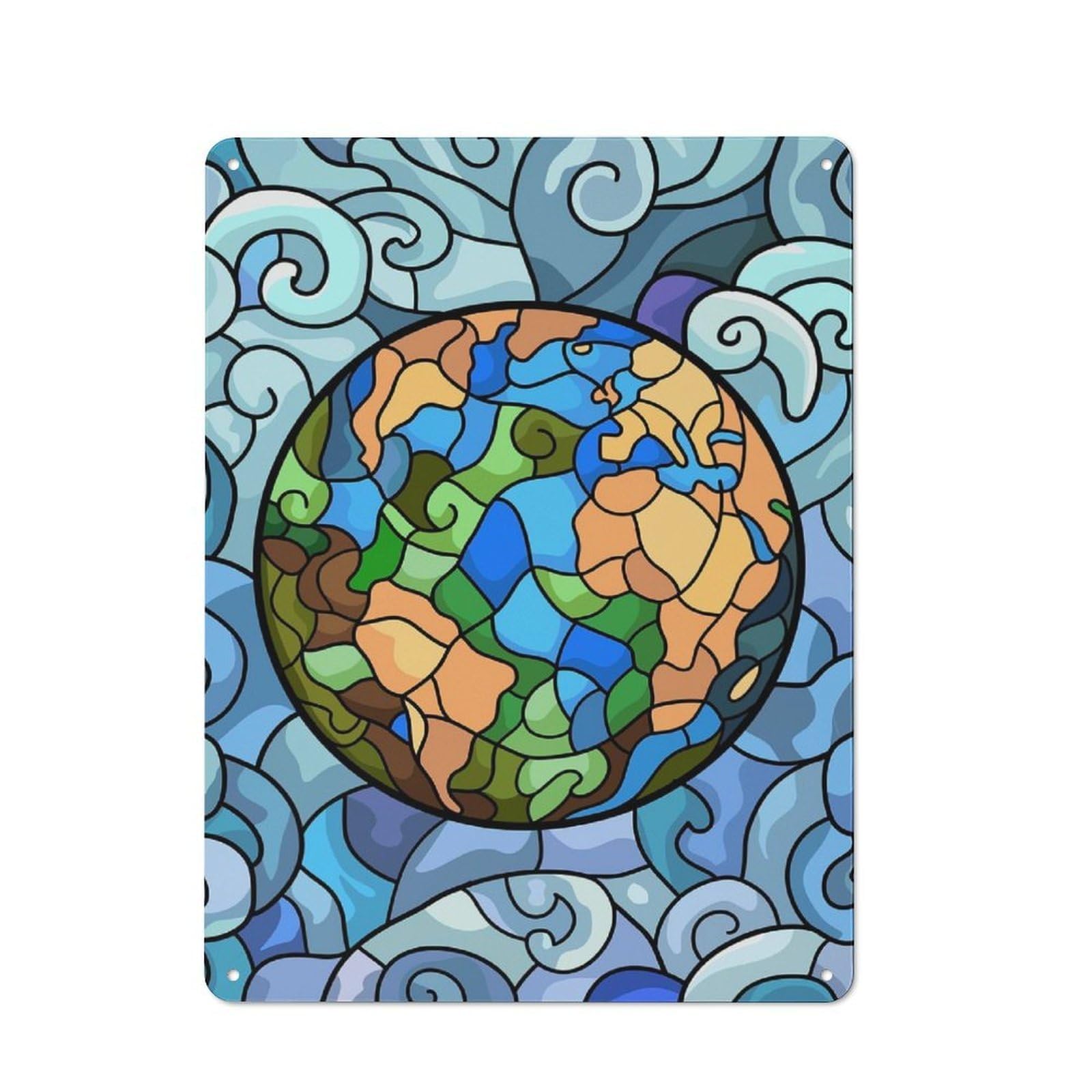 Junmoney Style-11 Tin Wall Plaque 40X30cm With Stained Glass Earth With Swirling Waves For Hallway Wall, A Decorative Metal Sign For Hallways And Entrance Areas