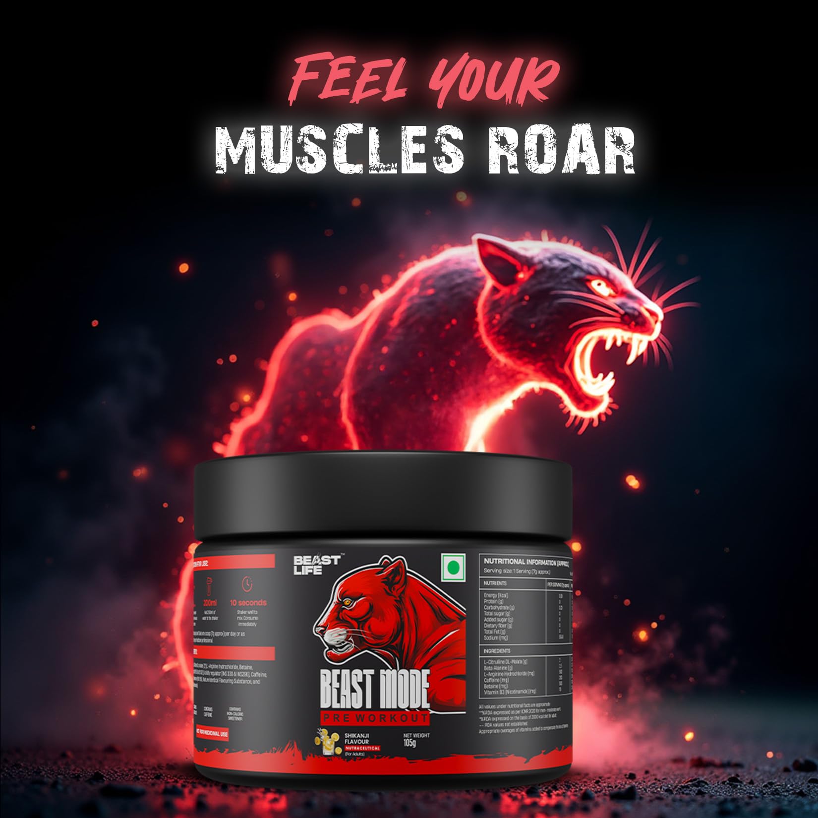 Beastlife Pre-Workout | 105 gm | Shikanji Flavor | Boosts Pump & Energy | Speeds Up Recovery | 2000 mg Citrulline | 2500 mg Beta-Alanine | 200 mg Caffeine | 500 mg Betaine 2