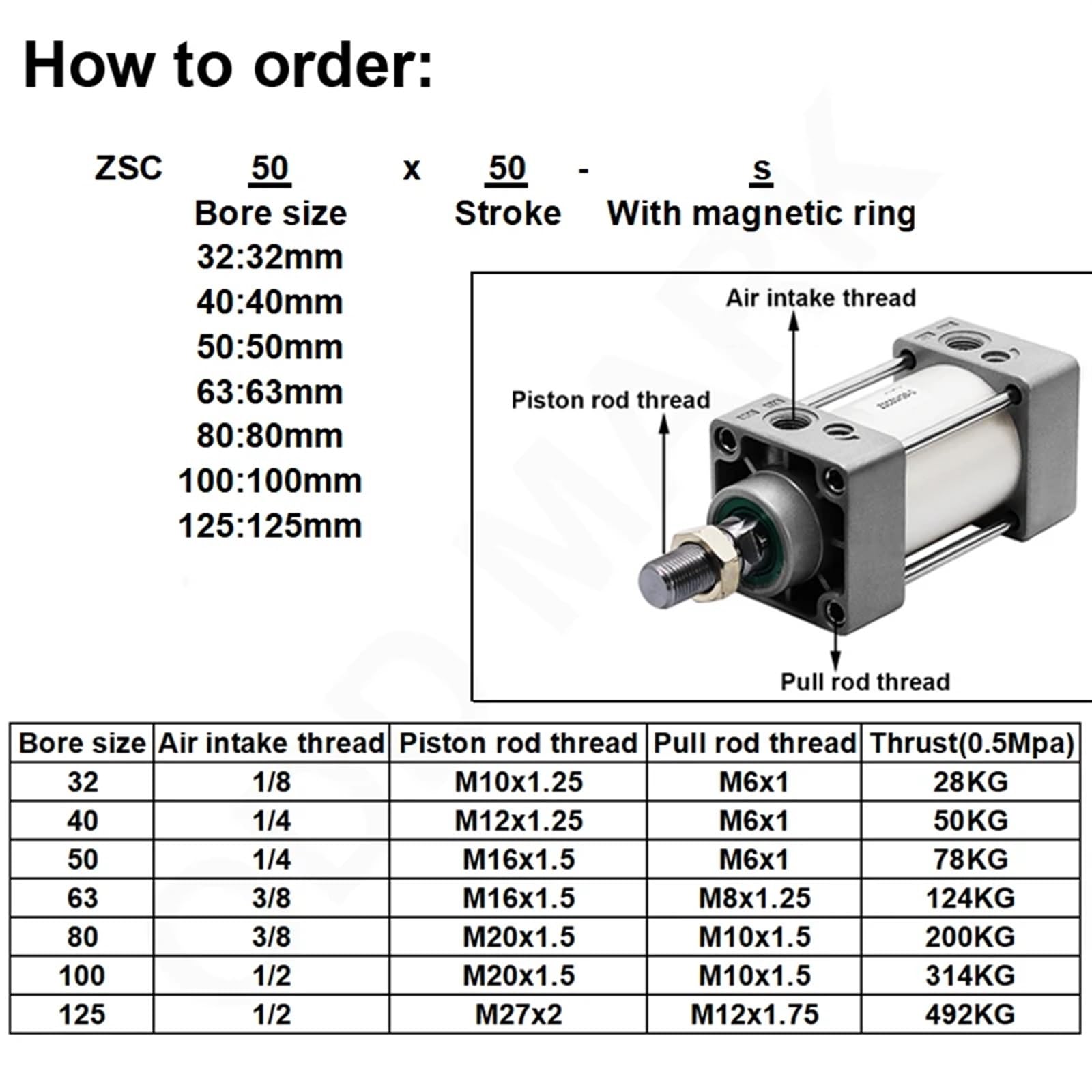 Vérin pneumatique SC40 mm, alésage 32 mm, Course 25 mm à 1000 mm, Double Effet, Standard, Bague d'étanchéité, 1 pièce(Stroke 500mm Magnet)