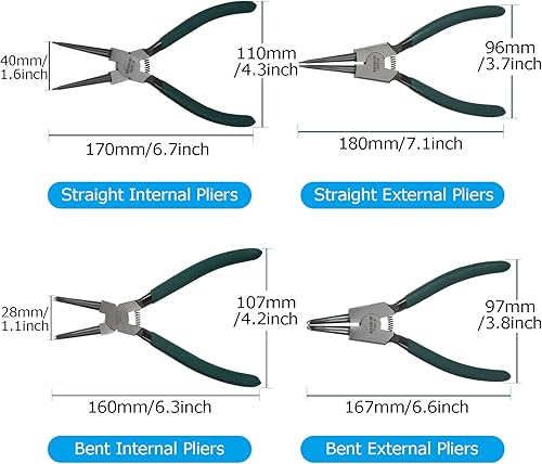 Miniatura 2 de Juego de 4 alicates de anillo de presión de 7 pulgadas, kit de alicates de clip externo interno resistente con alicates de mandíbula rectadoblada,