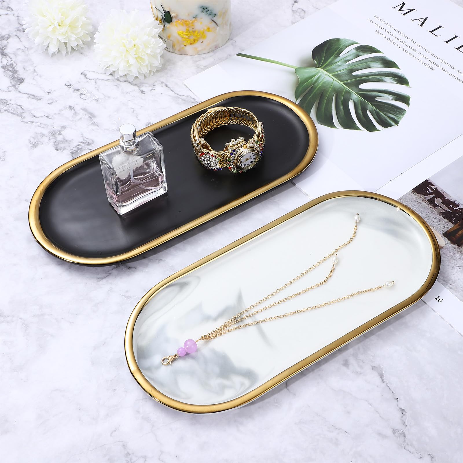 NUOBESTY 2pezzi Vassoio Decorativo Ovale Per Lavabo Vassoio Porta Profumi e Oggetti Da Toeletta Per Bagno Cucina