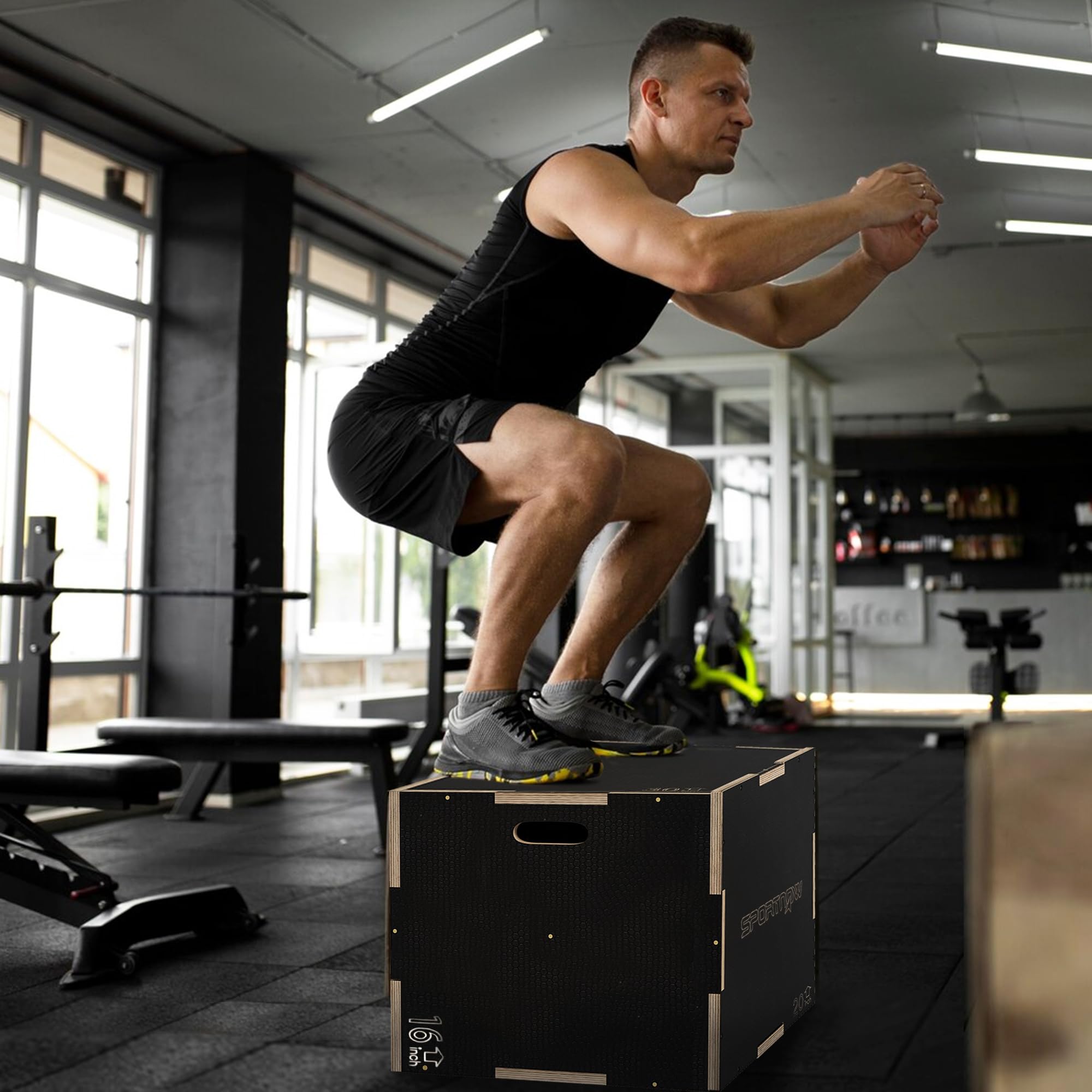 SPORTNOW Box Pliometrico 3 in 1 Plyo Box Legno Antiscivolo 3 Altezze Allenamento Casa Palestra Nero