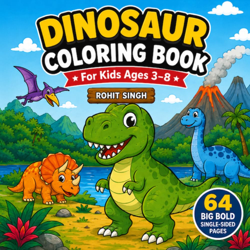 Dinosaur Coloring Book for Kids Ages 3–8: 64 Big, Bold and Easy Prehistoric Coloring Pages