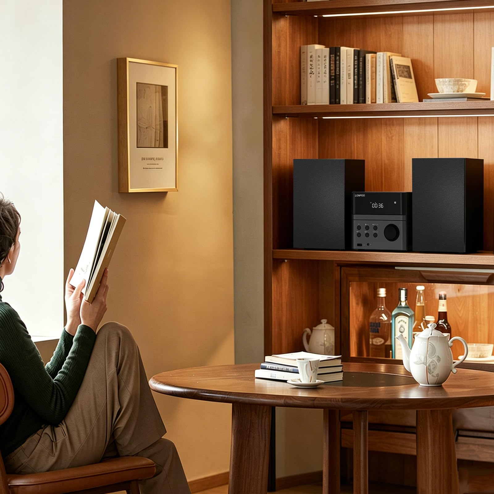 Sistema estéreo para casa Micro HiFi Compacto con Reproductor de CD, Bluetooth, Radio FM, USB, AUX-in, Pantalla LED y botón Grande, Mando a Distancia (lp-128)