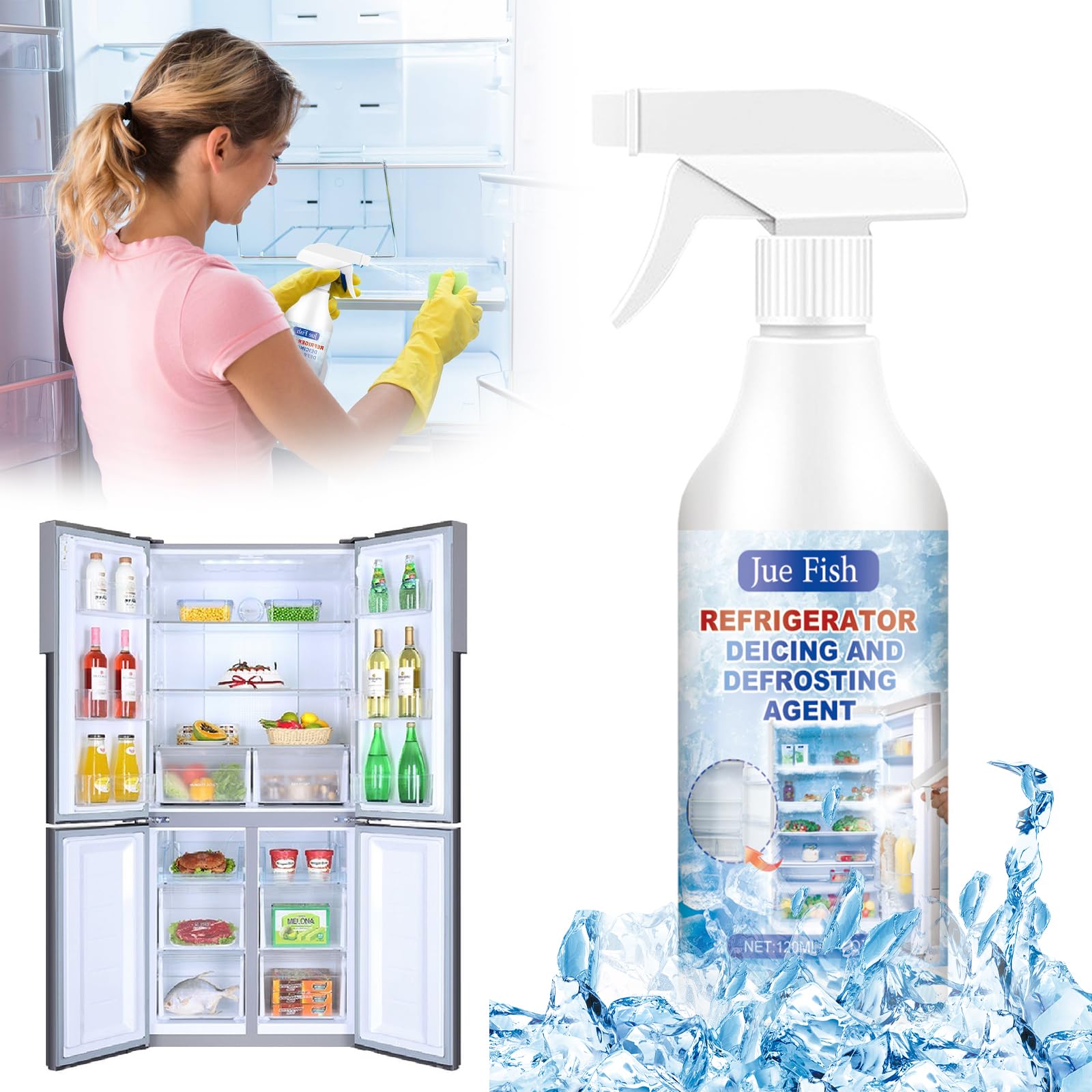 Hainue Środek do czyszczenia zamrażarki, spray do odmrażania w sprayu 120 ml, spray do zamrażalnika, do lodówek, odmrażania