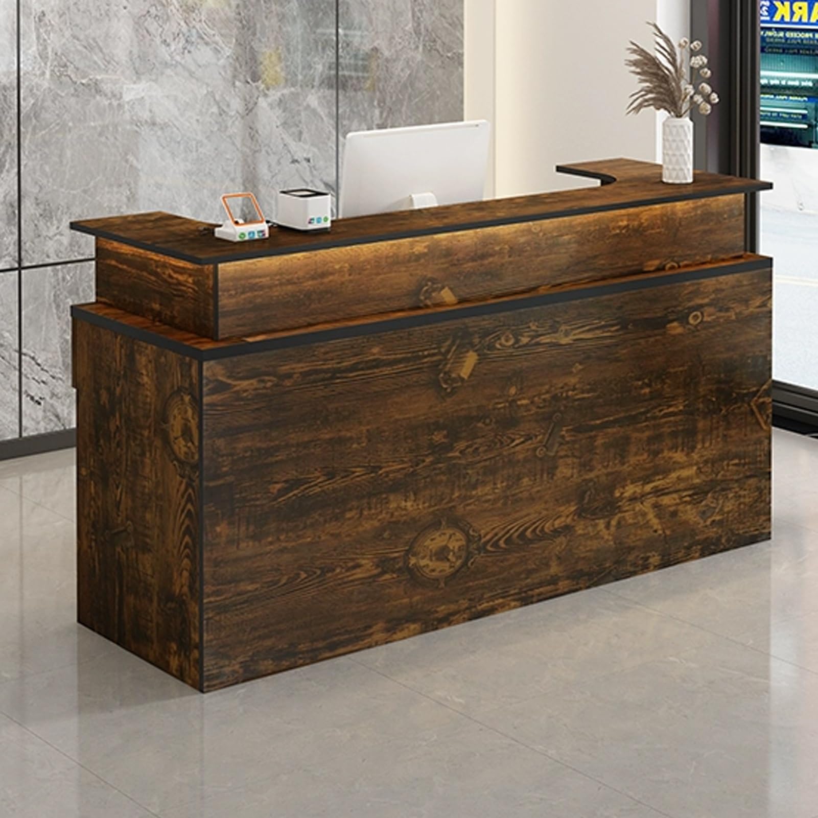 Empfangstheke, Büro-Rezeption, Rezeptionstresen Mit Abschließbaren Schubladen, Kassentisch for Den Einzelhandel In Der Lobby, Stehender Computer-Rezeptionstresen Aus Holz(Brown,39.3inchx100cm)