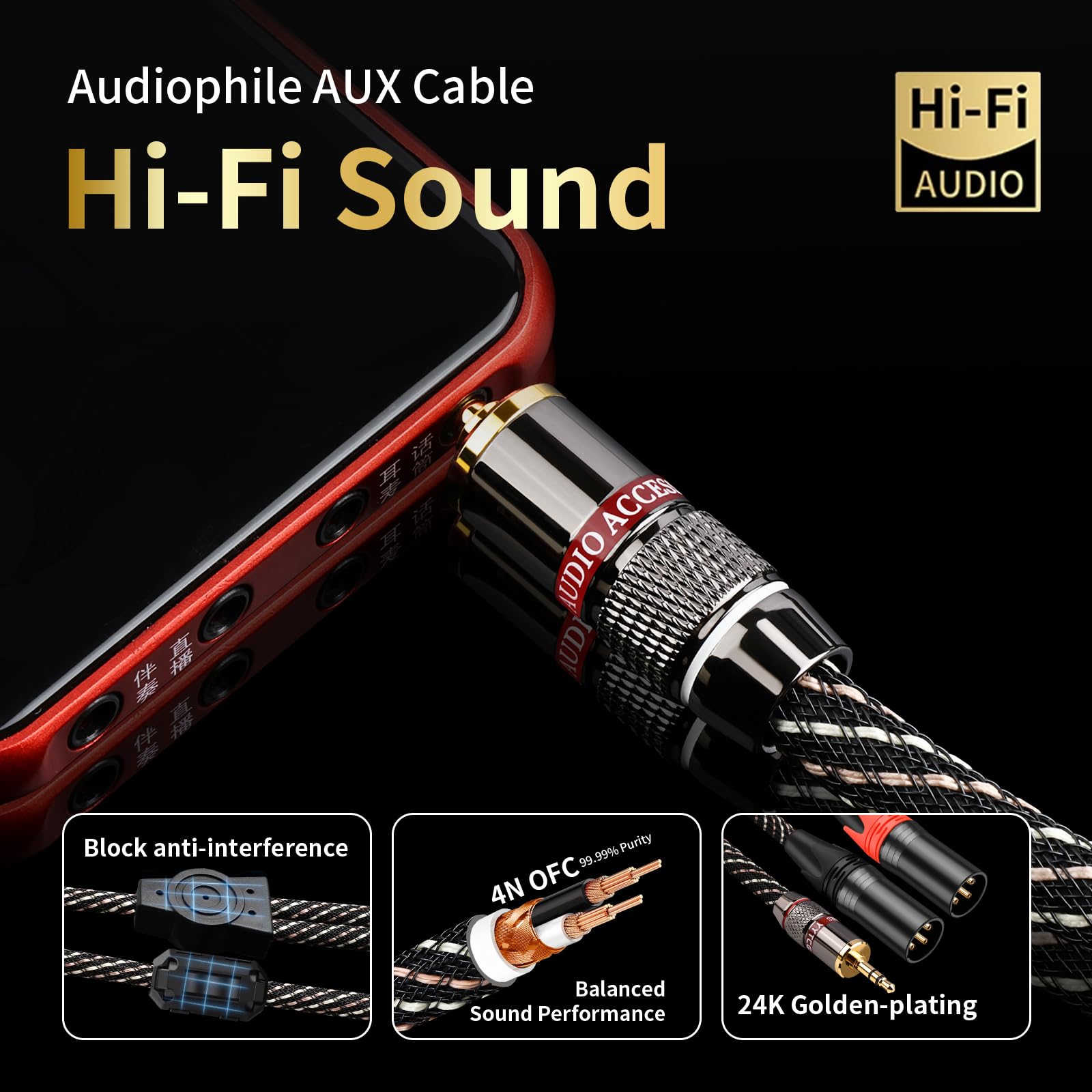 Audiophile Y-Splitterkabel, 3,5 mm auf Dual-XLR-Stecker, 15 AWG, 4 N OFC-Kern, 24 K vergoldete Stecker mit Nylongeflecht für Studioaufnahmen, Heimkino, Lautsprecher, HiFi-Audio-System (0,5 m)