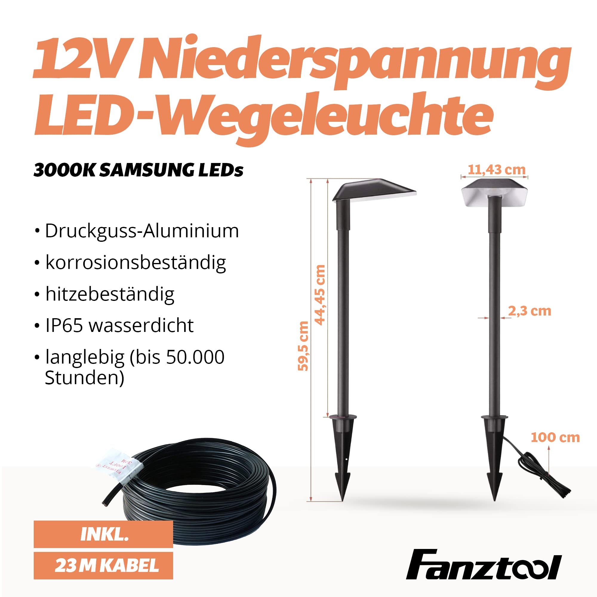 FANZTOOL Gartenbeleuchtung LED mit Strom, Niederspannung, 6x Wegeleuchte, IP65 Wasserdicht, 3000k, 23 Meter, inkl. Steuereinheit und Timer-Funktion