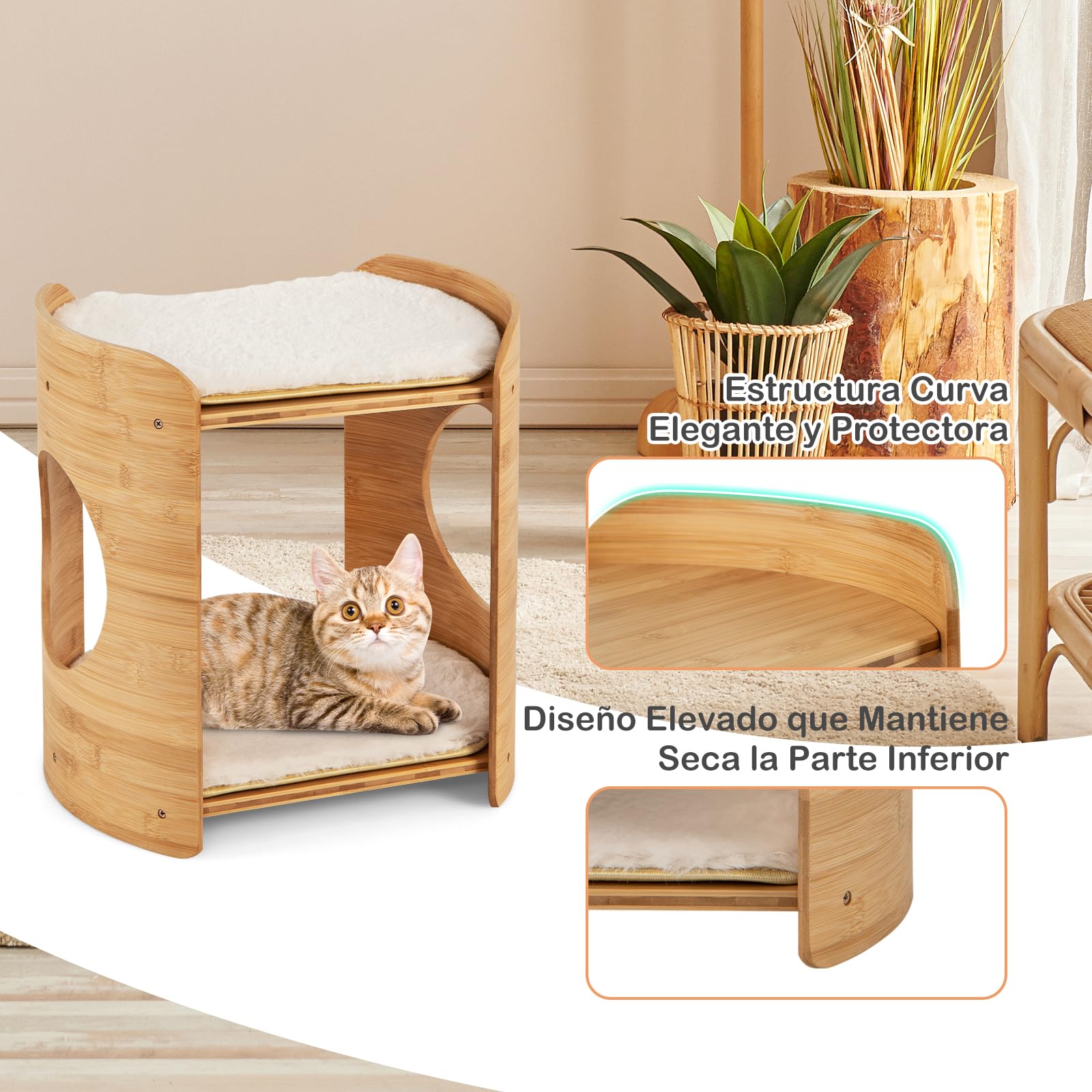 GOPLUS Torre para Gatos de 2 Niveles, Interior, Bambú con Camas Dobles, Cojines Lavables, Acceso para Gatos y Gatitos Pequeños