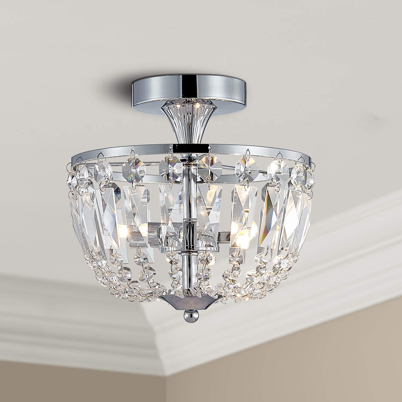 BESTIER Moderne Chrome Cristal Semi Plafonnier Lustre Éclairage LED Plafonnier Luminaire Lampe pour Salle À Manger Salle De Bains Chambre Salon 3 G9 Ampoules