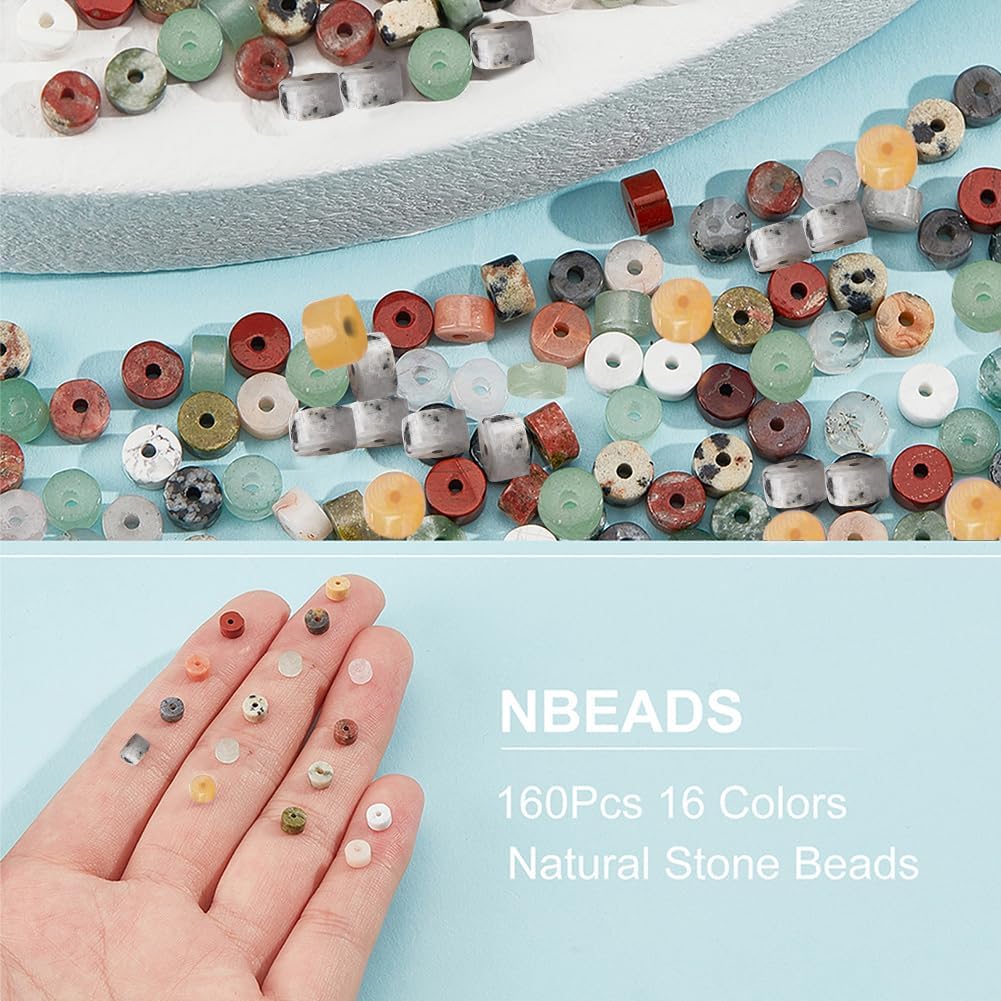 NBEADS 160 Pcs Natural Heishi Stone Beads, 16 Styles Flat Round Stone Disc Spacer About 4×2mm Synthetic Gemstone Beads for Bracelet Earrings Jewelry Making - Image 3