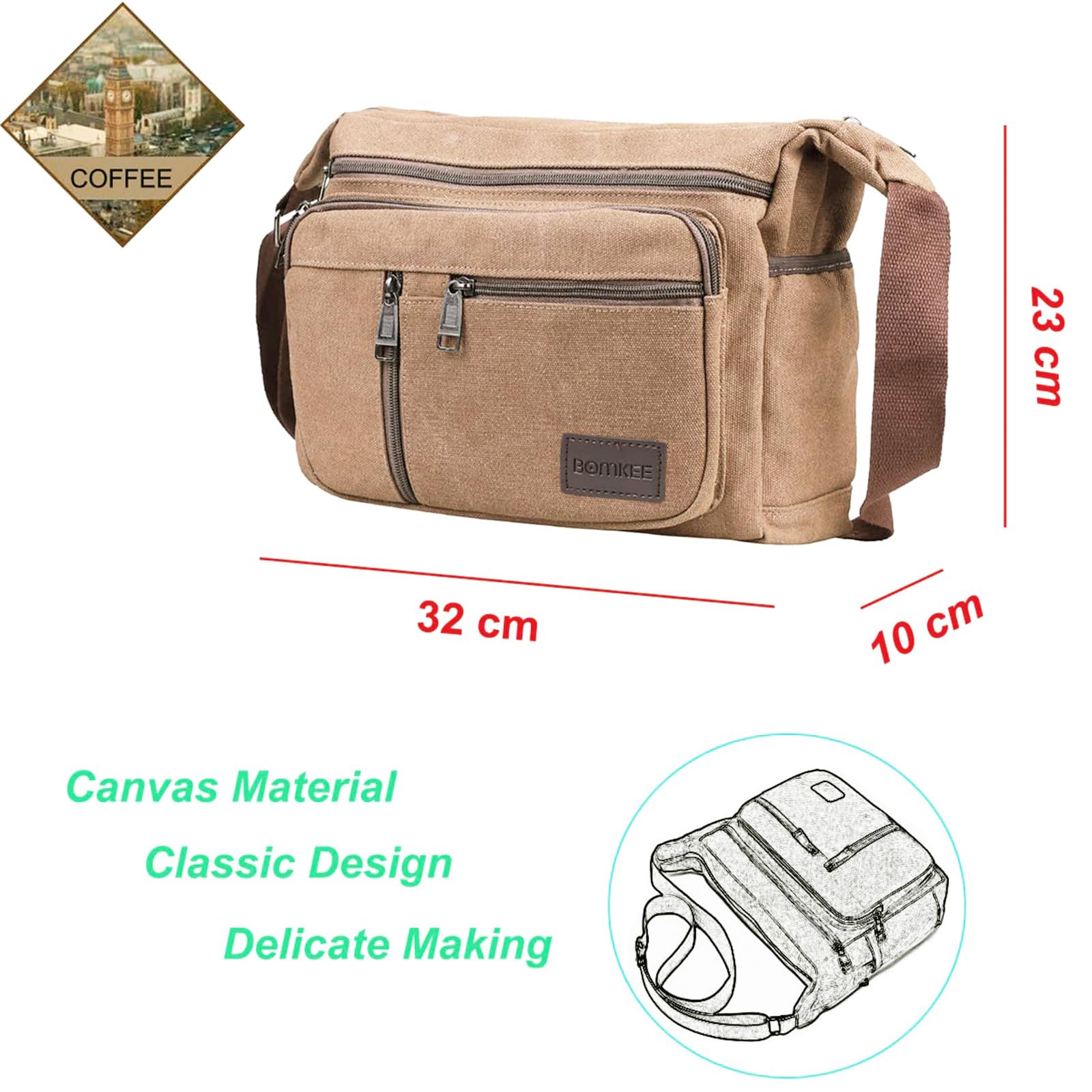 Sac Bandouillère Homme Sac Messenger Sac d'école Unisexe Vintage Canvas Sac Bandouliere Hommes Imperméable Pochette Téléphone pour Voyage Loisir Sport