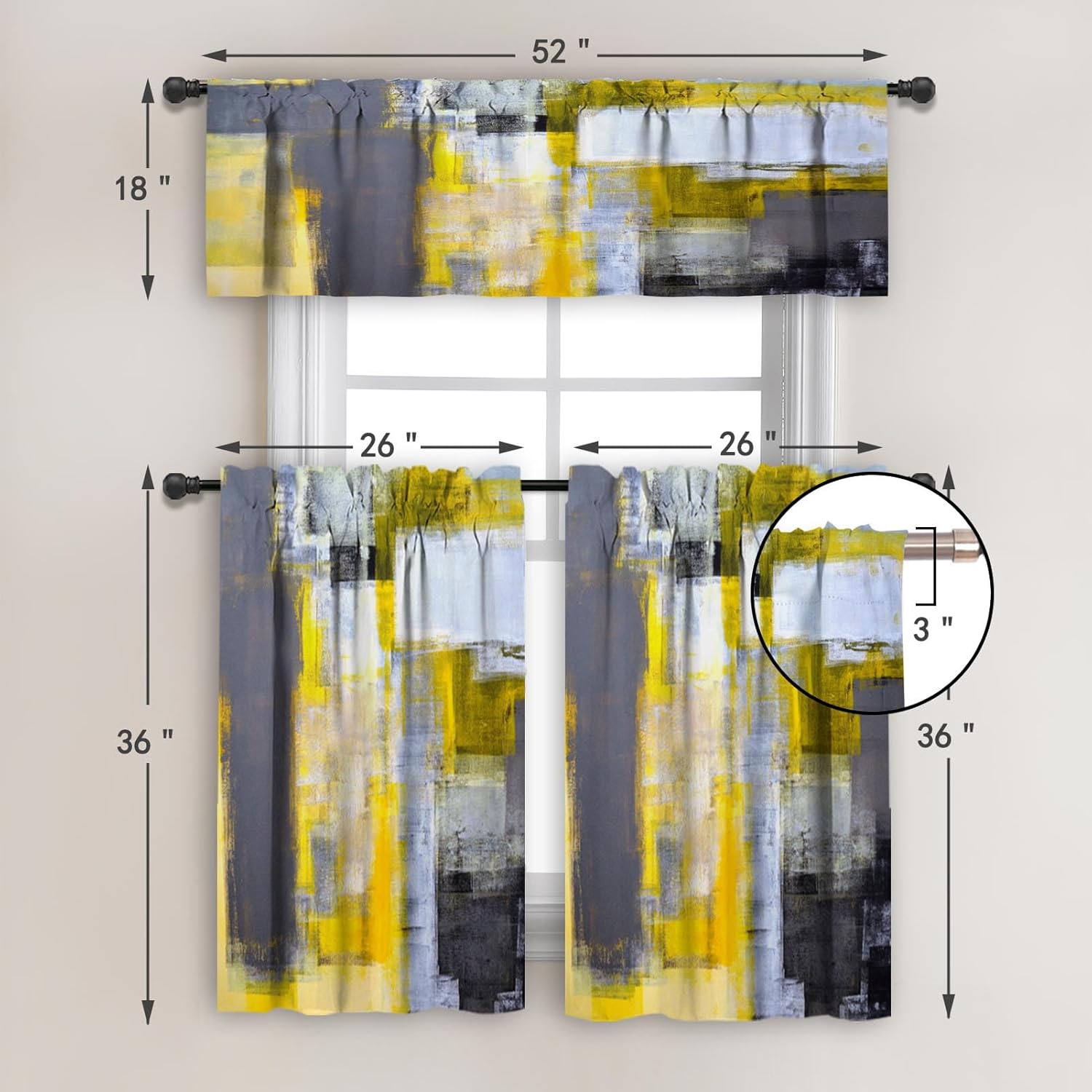 MCALK Grey Yellow Blackout Kitchen Curtains Tiers and Valances for Windows Modern Abstract Art, Contemporary Trendy Valances for Living Room (36" Tiers Set)
