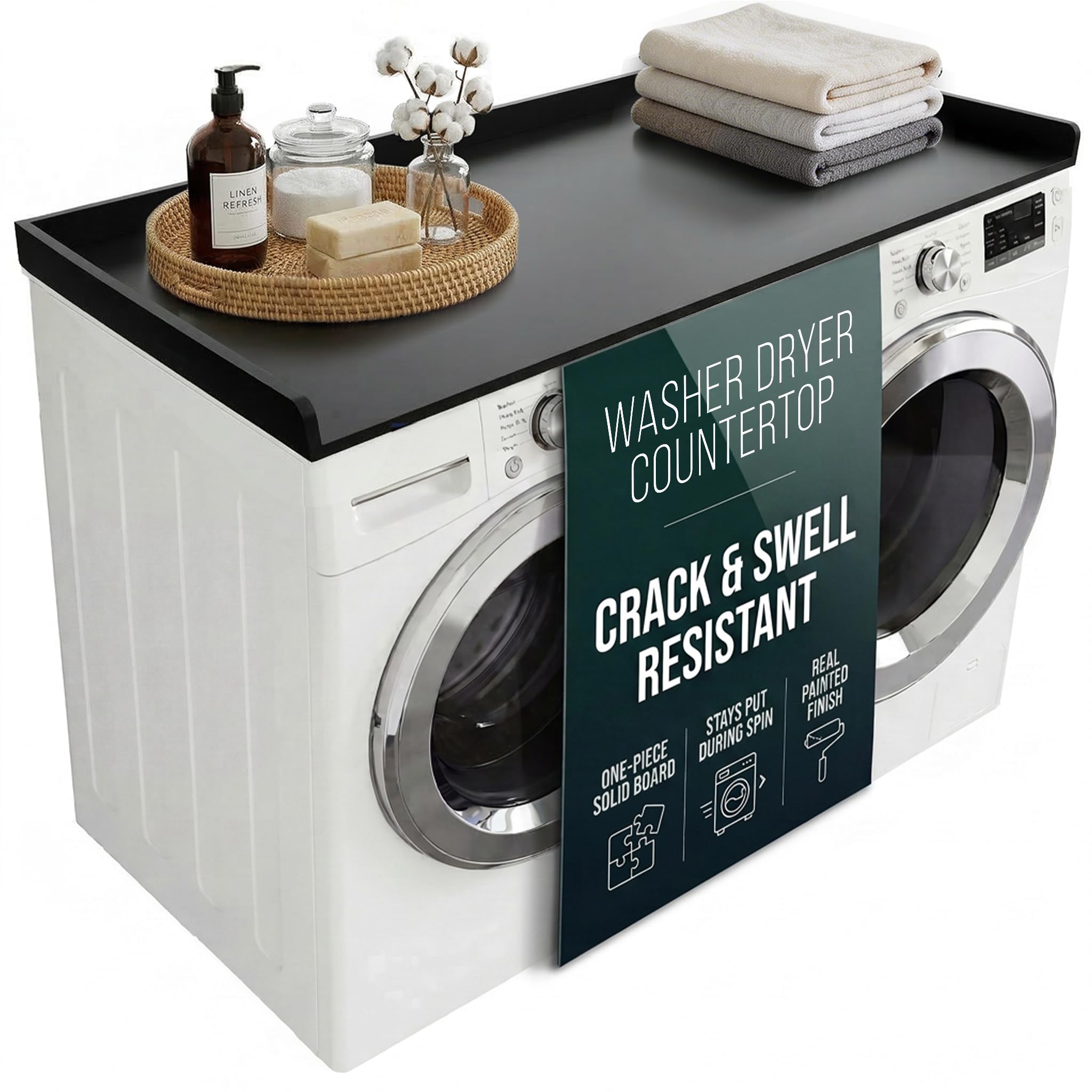 NORTH BLOOM Premium Washer Dryer Countertop 54" W x 27.5" D x 3.1" H, One Piece Solid Board Laundry Room Topper with Edge Rails, Washing Machine Top, Painted Finish, Anti-Slip Feet (Black Color)