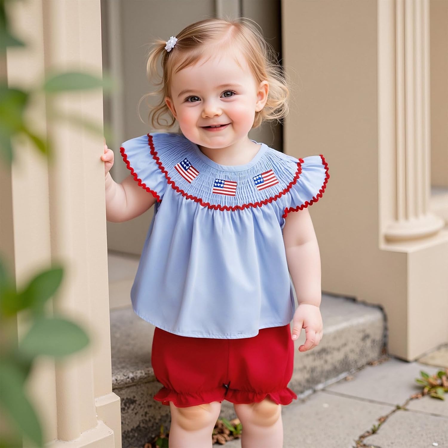 4th Of July Outfits For Toddler Girls Baby USA Smocked Tops T-Shirt Shorts Set Summer Fourth Of July Clothe - Image 3