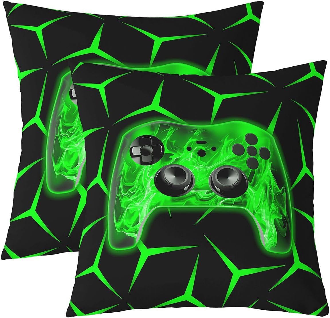 Castle Fairy Gamepad Kids Throw Pillow Cover,Gaming Geometric Console Double Sides Pillow Case,Video Games Flame Controller Home Decor,Green Black Bed Couch Sofa Cushion Cover,4 Pack 16"x16" image 2