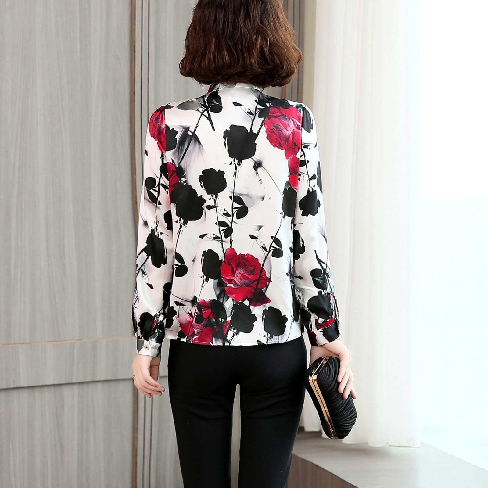 E-girl Blusa de seda para mujer con estampado de botones camisas blusa de manga larga corbata blusa de seda S1912-1