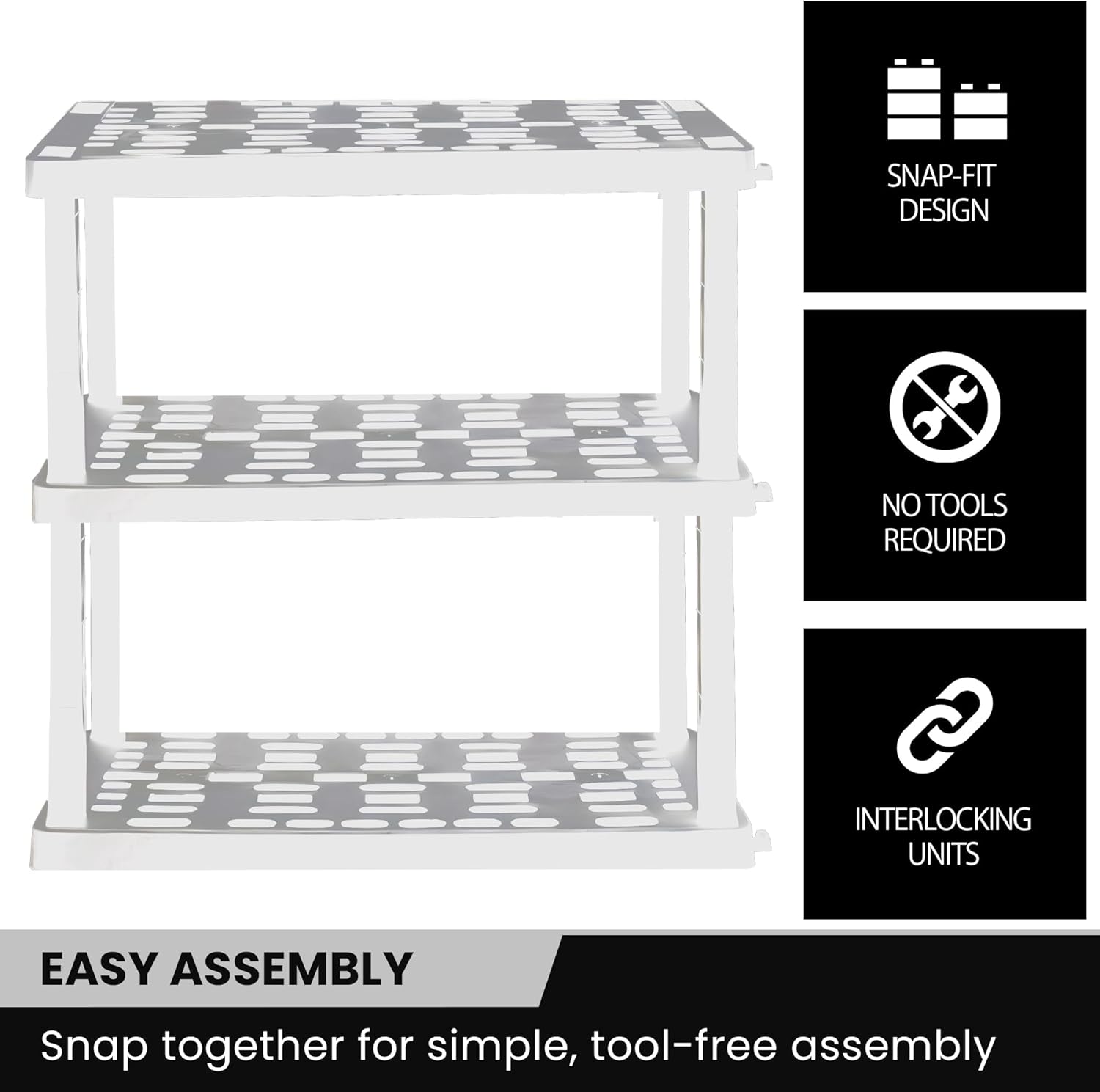 Oskar Heavy Duty Plastic Storage Shelves- for Garage, Kitchen, Bathroom Basement Kids Room, Stackable 3-Tier White, Organizer Rack for Books Shoes, Toys, Pantry, Cleaning and Closet Organization