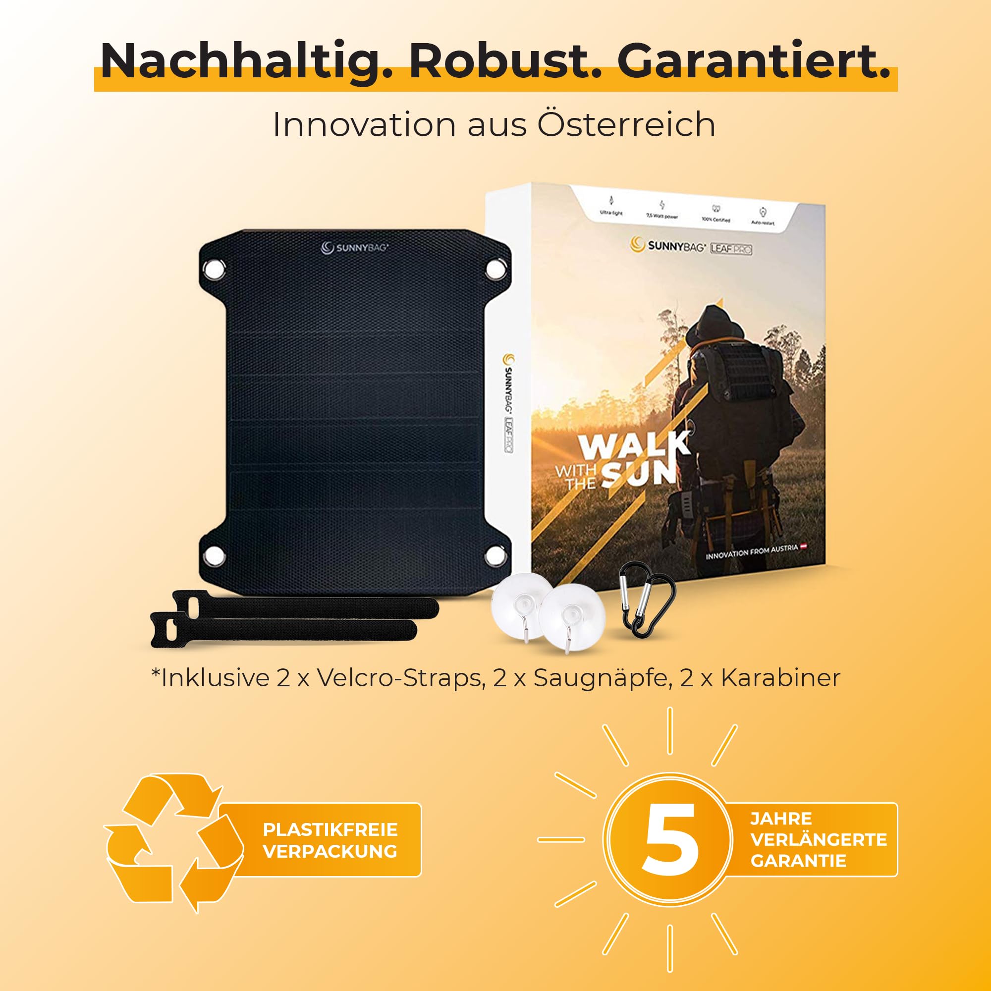 Sunnybag Solarpanel Leaf PRO 7,5 Watt [Ultraleicht, Flexibel, Tragbar, Wasserfest] - solar ladegerät mit USB-Port für Smartphone & Powerbank - Solar Camping - Inkl. USB-C Kabel mit Leistungsanzeige