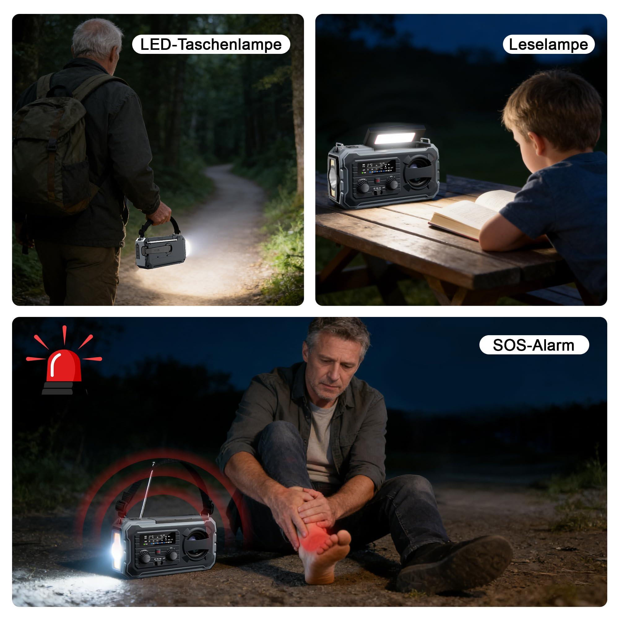 FIVAVA Radio de manivela, radio solar portátil con AM/FM, banco de energía de 10000 mAh, radio de emergencia con alarma SOS, linterna LED, generador de manivela y puerto USB para camping, ourdoor