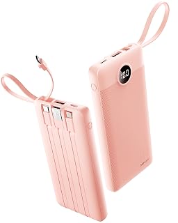 Portable Phone Charger, Slim 10000mAh Travel Essentials Power Bank with Cords Wires, Battery Pack 5 Outputs 2 Inputs LED Display Compatible with iPhone/Android & More (Pink) - Amazon product rated Grade A