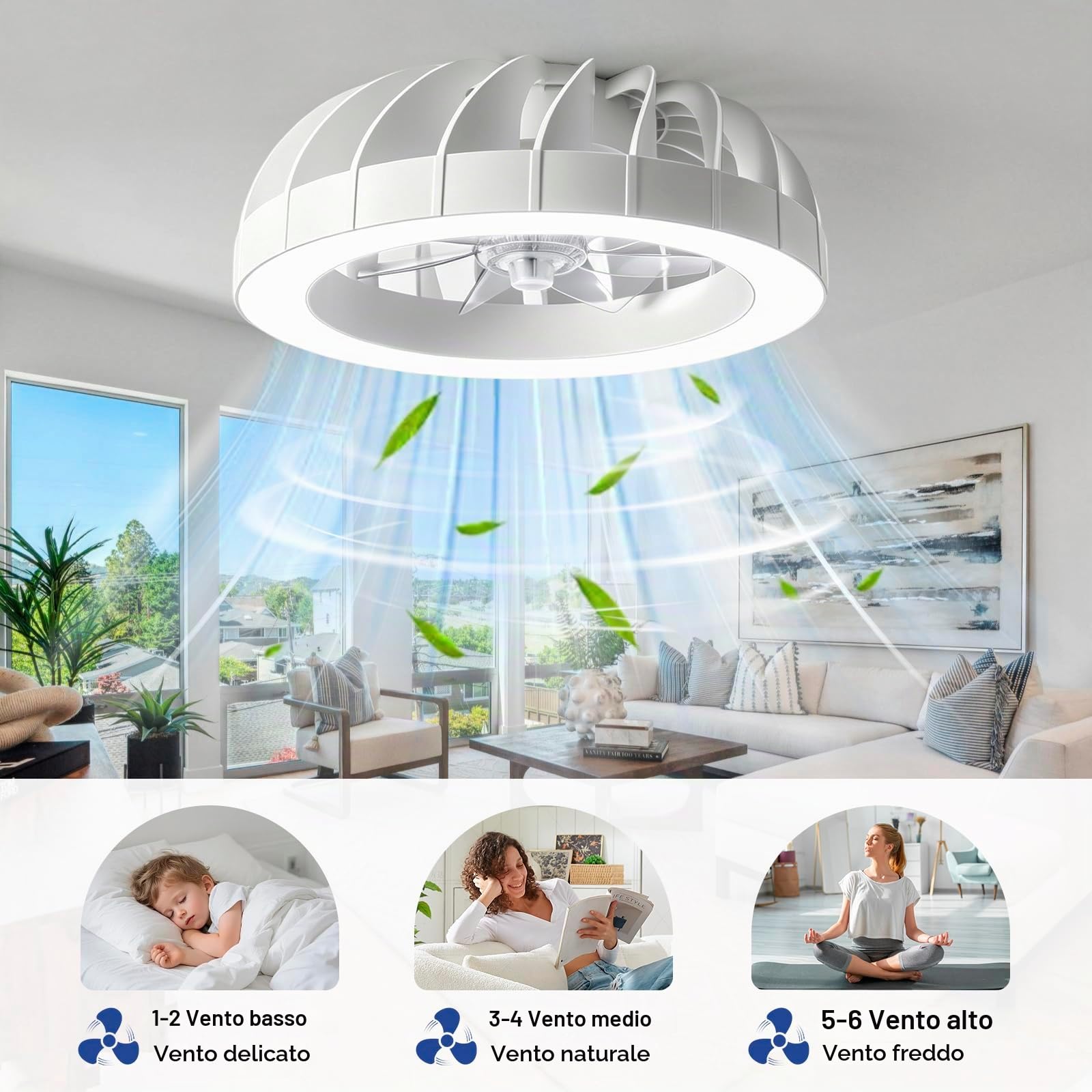 Ventilatore da Soffitto RGB Dimmerabile a LED | Bambino Cameretta Lampadario Ventilatore Reversibile con Telecomando, 6 Velocità Lampadario Per Camera Da Letto-White