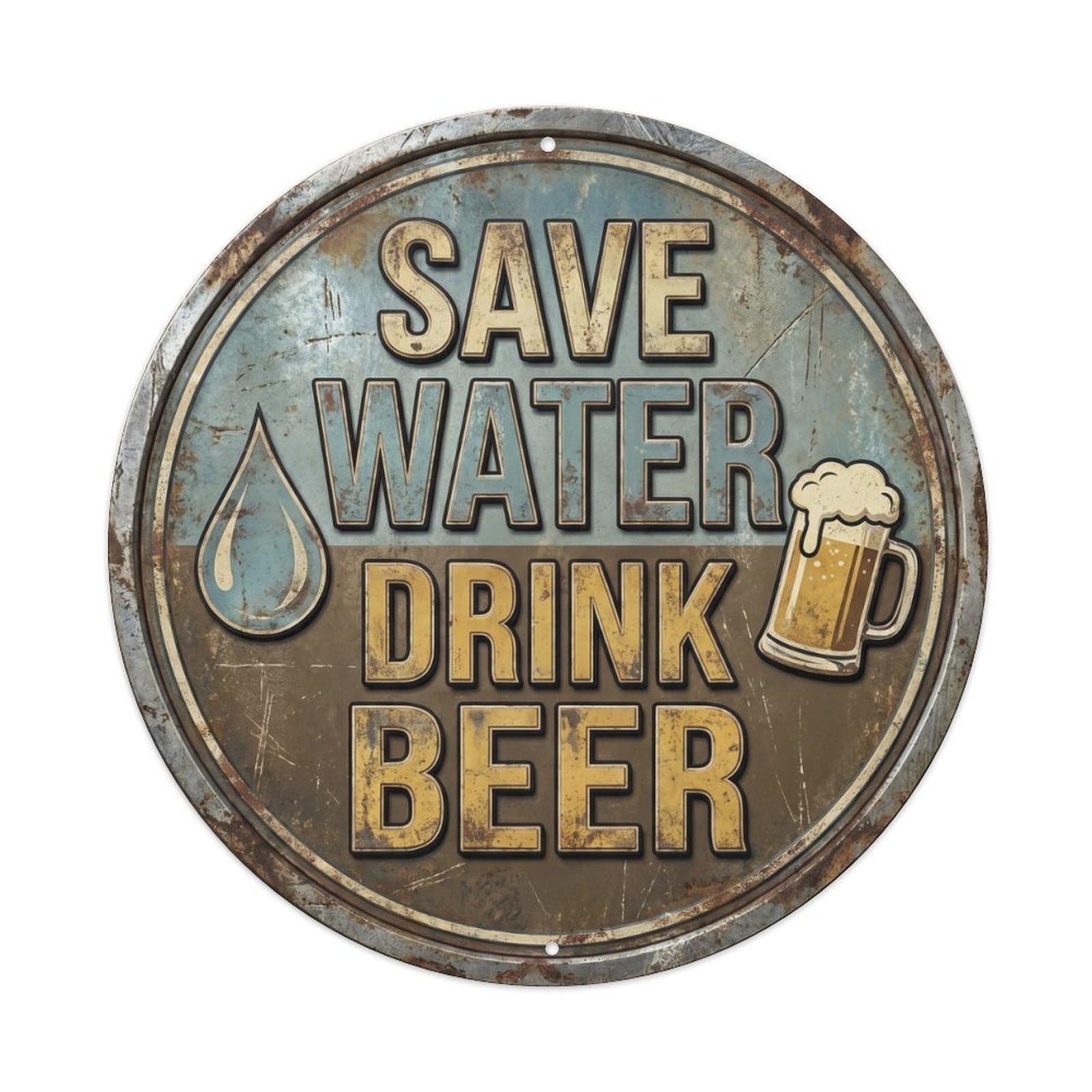 Yrnq Vintage Style Save Water Drink Beer Classic Garage Ornament Retro Slogans Vintage Metal Tin Sign Plaque Wall Decor For Cafe, Club, Garden Round Metal Poster 8X8inch